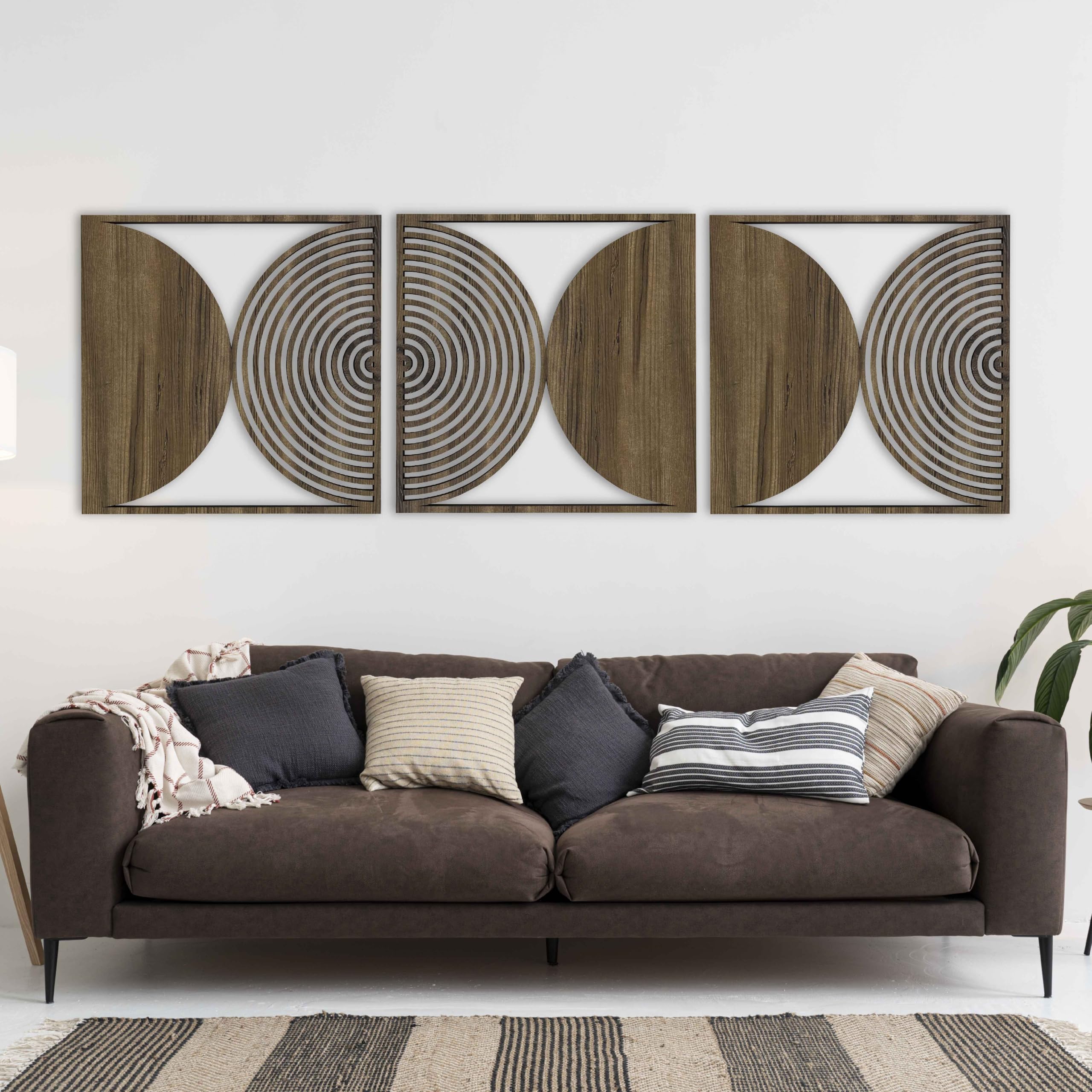 Geometrische Holz-Wandkunst, groß, moderne Wanddekoration, runde Paneele für Schlafzimmer oder Wohnzimmer, rustikaler Boho-Holz-Wandakzent #59