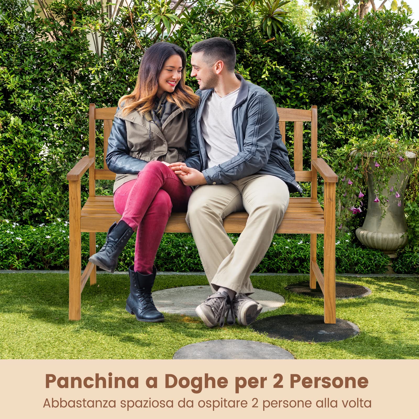 COSTWAY Panchina da Esterno in Legno di Acacia, Panchina con Schienale, Braccioli e Sedile a Doghe, Panchina da Giardino, Balcone e Cortile, Portata 360 kg (110 x 56,5 x 86 cm)