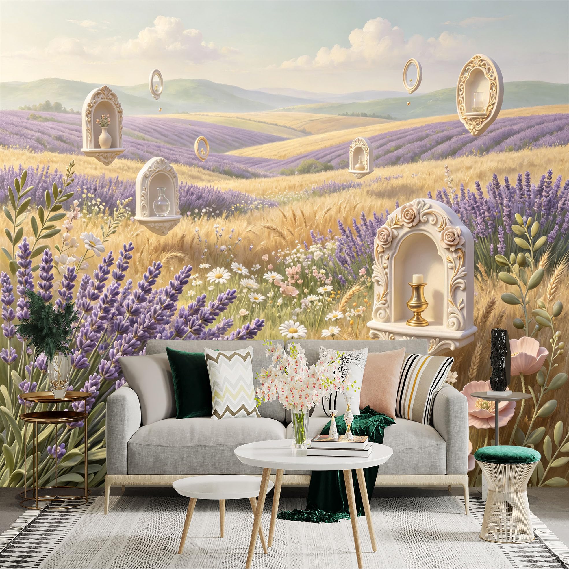 Custom Size Wall Sticker Mural， Lavender Field with Wildflowers and Rustic Countryside Landscape， for wall Decoration， peelandstick wall Decals.