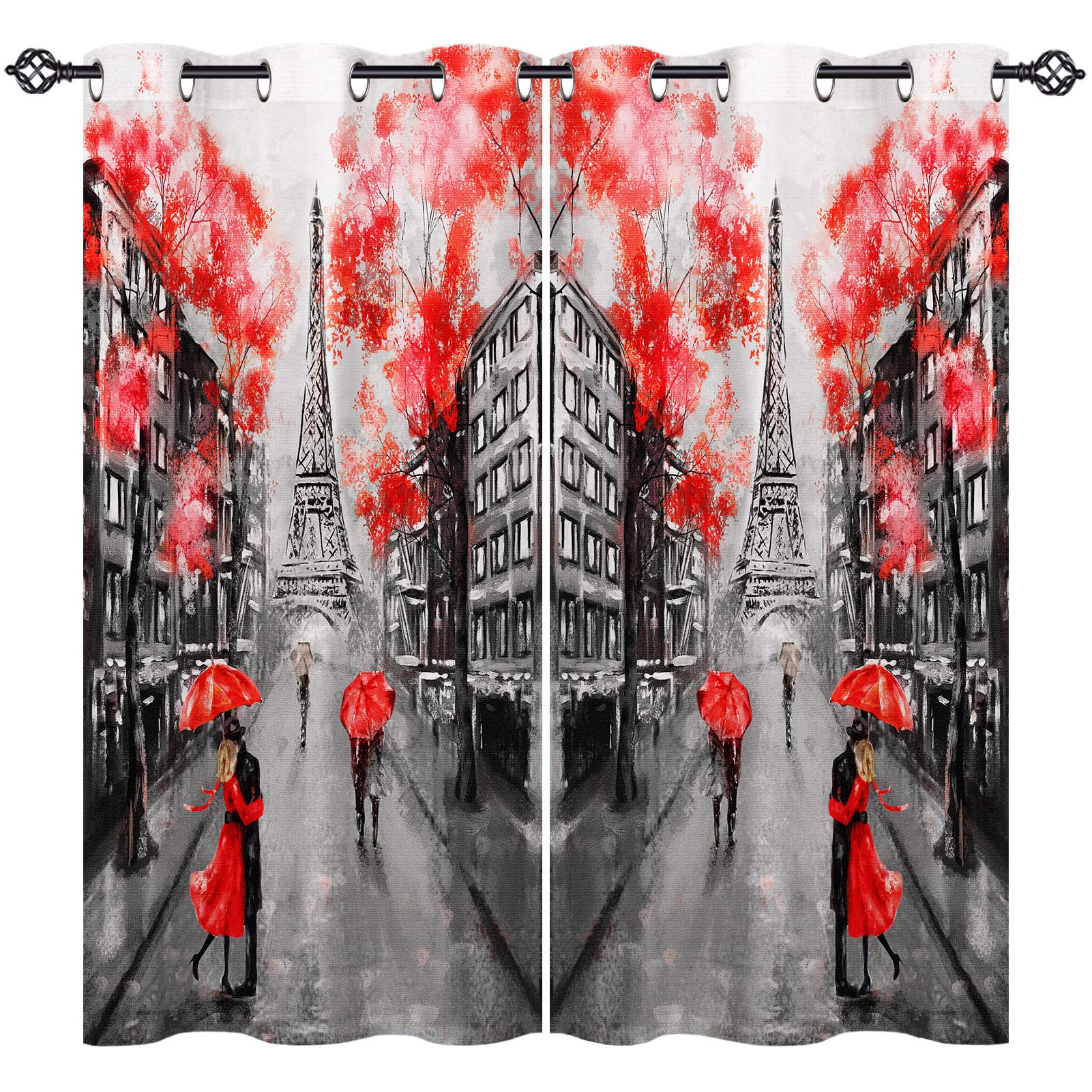 ANHOPE Paris Curtains Eyelet 80% Blackout Room Darkening Curtains with Oil Painting Eiffel Tower Red Tree Print Pattern Light Blocking Window Drapes for Bedroom Living Room 66 x 54 Inch Drop 2 Panels
