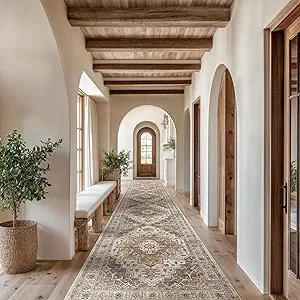Madane Hallway Runner Rug 2'6''x14', Non Slip Vintage Runners for Hallways Washable Kitchen Rugs Soft Low Pile 2.5x14 ft Rug Runner for Laundry Room, Entryway and Bedroom, Turmeric/Grey