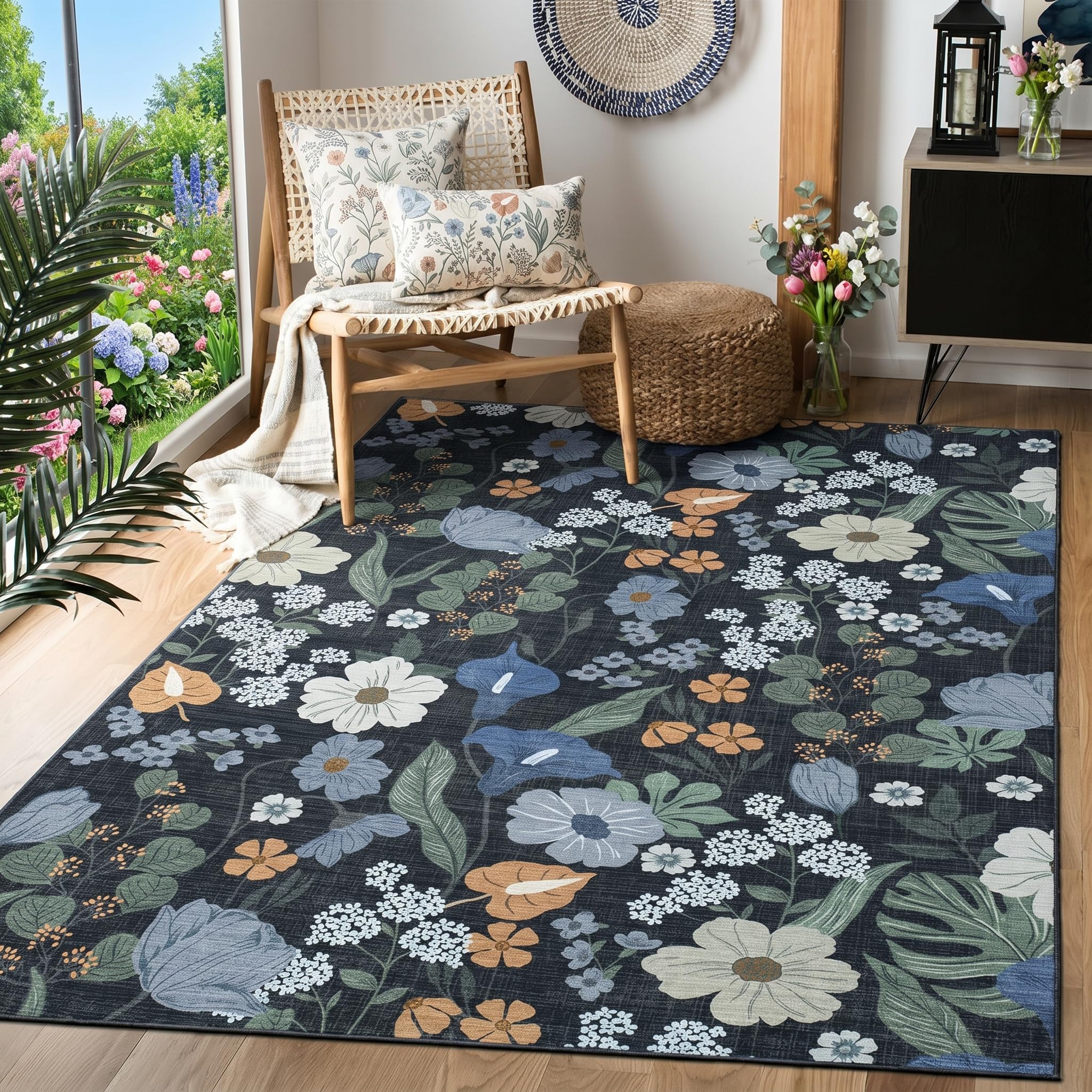 WQMMD Blue Rug Living Room 120x180cm Washable Rug Short Pile Boho Floral Pattern Flower Design Non Slip Carpet for Living Room Bedroom Kitchen Farmhouse Home Decor — image 1