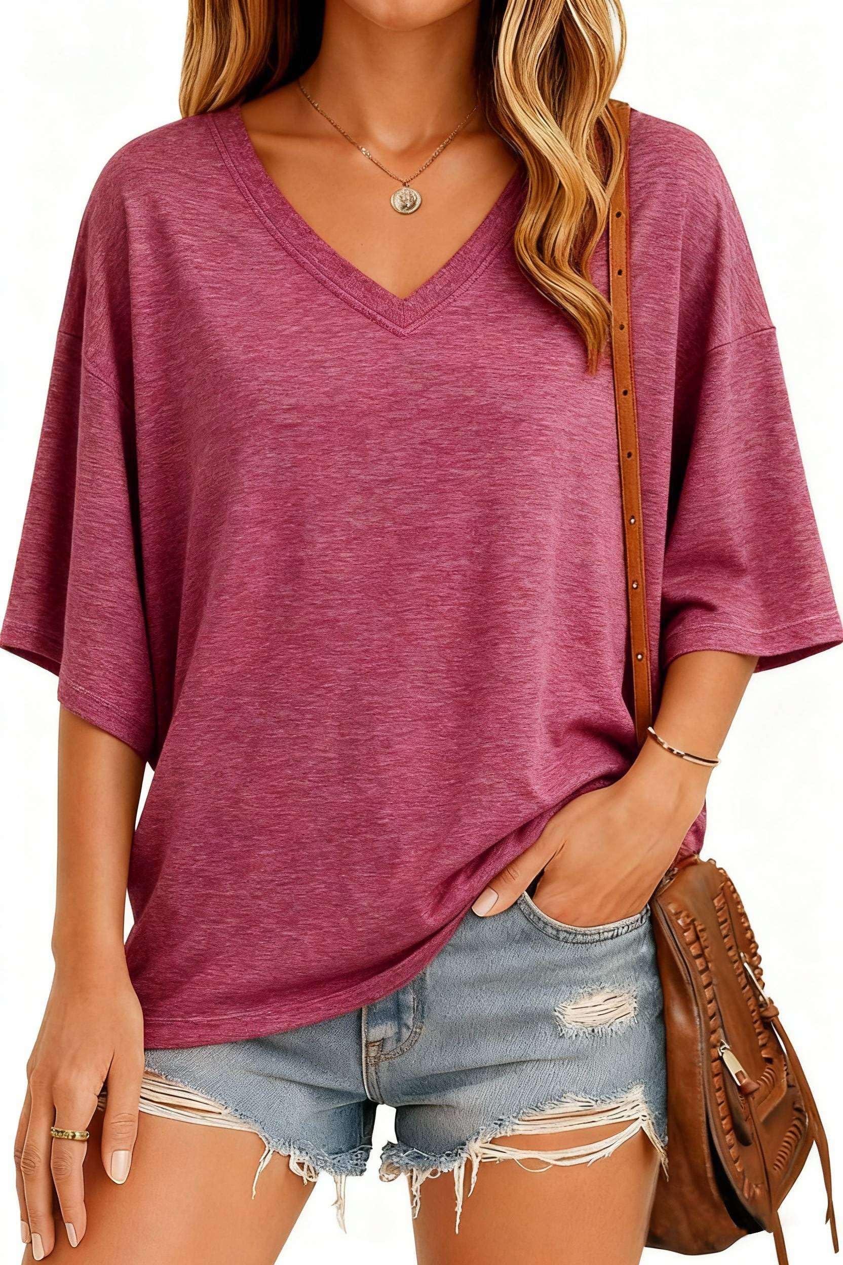 NAIOSS Damen T-Shirt Oversize Kurzarm Oberteil V-Ausschnitt Tunika Sommer Tops