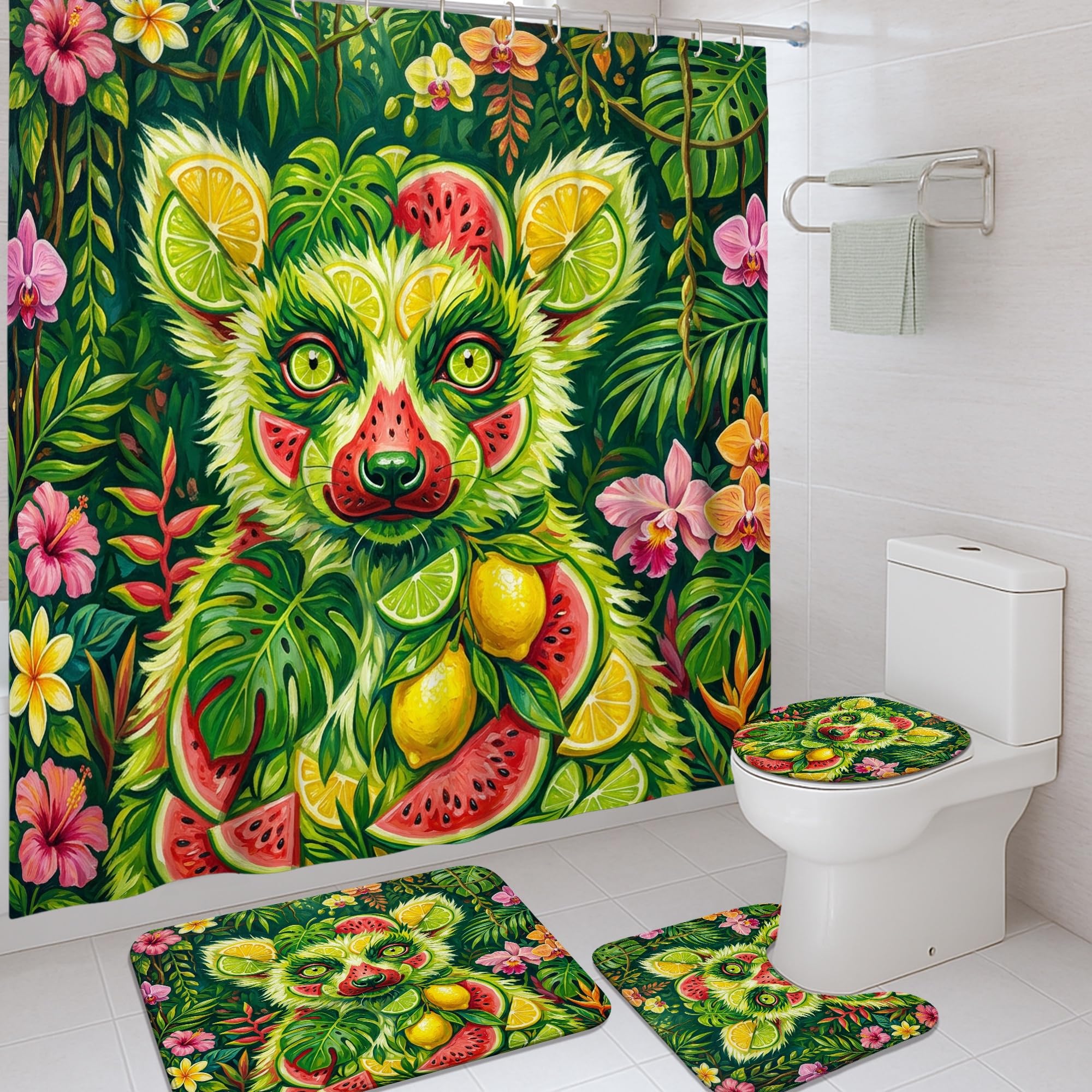Rideau de douche tropical vif et tapis assorti pour une ambiance d'été au bain