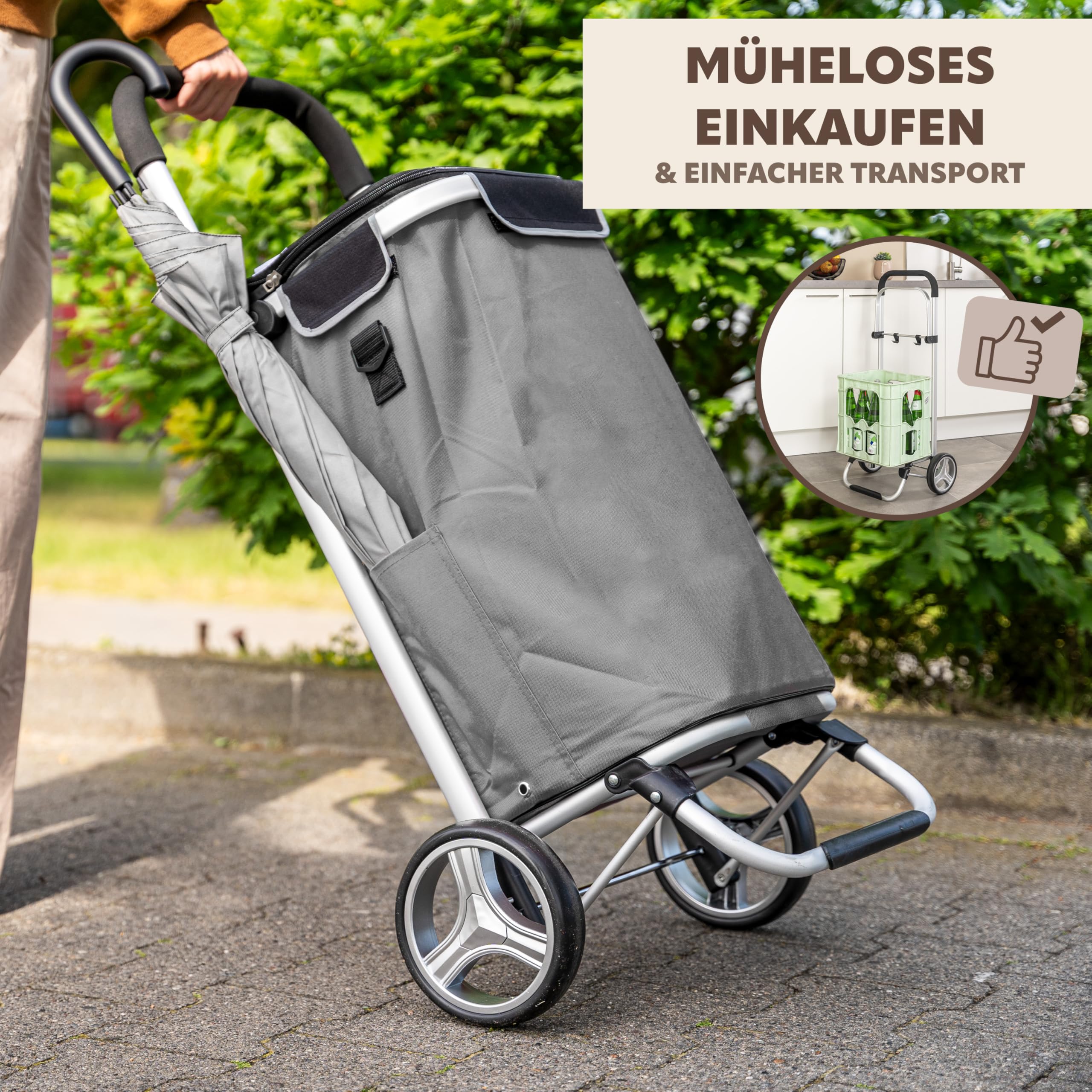 bremermann Einkaufstrolley BRINKUM - 45 L Kapazität, Faltbarer Einkaufswagen, mit Abnehmbarer Tasche inkl. Kühlfach, Einkaufschip, Einkaufswagenhalterung und Reflektorstreifen (Grau)