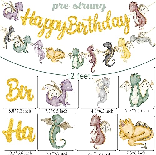 Miniatura 4 de Pancartas de fiesta de cumpleaños de dragón, 2 piezas recortadas de fantasía, pancarta dorada para suministros de baby shower de caballero