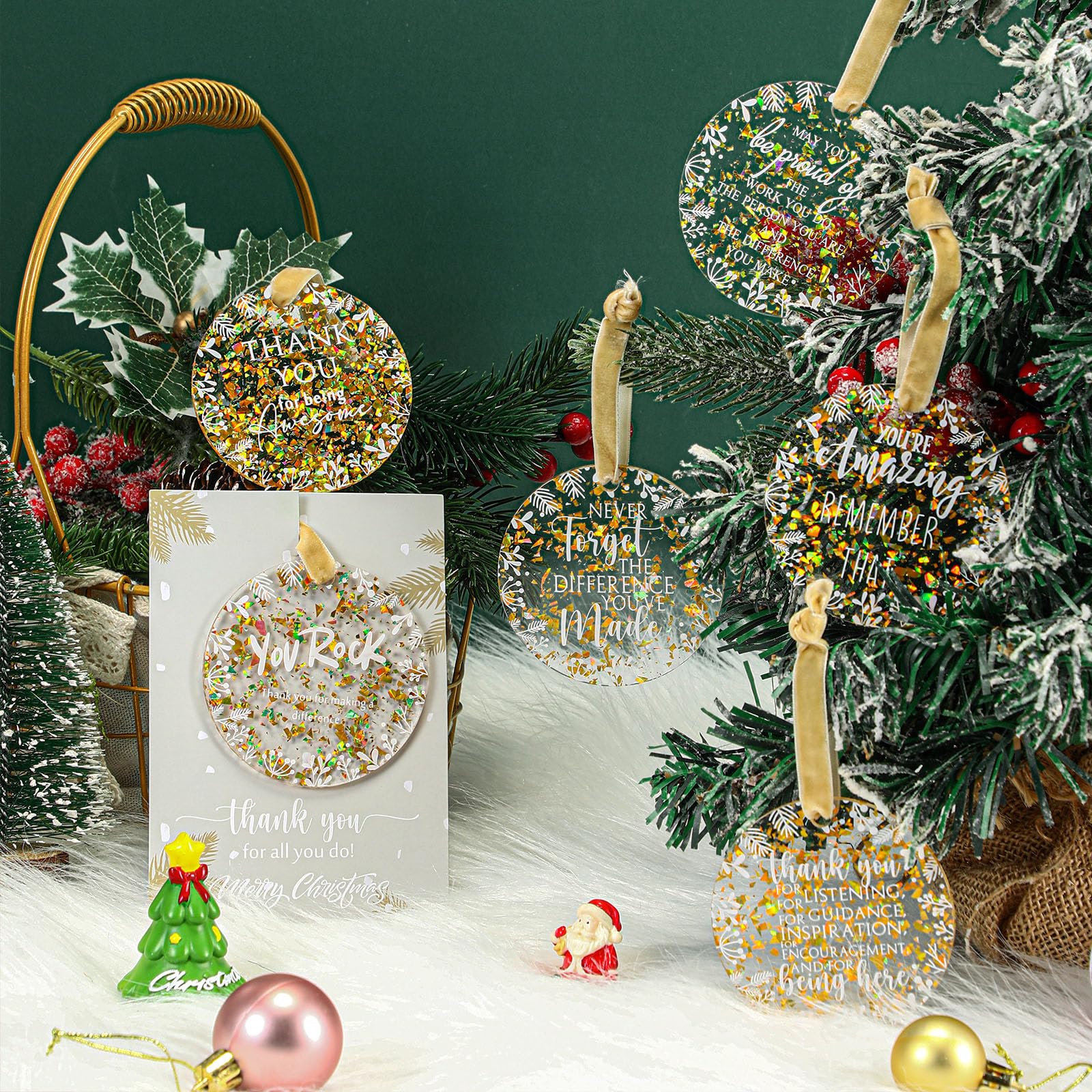 Kasyat Lot de 50 décorations de Noël à suspendre en acrylique doré - Cadeaux de remerciement pour employés, employés - Ornements de sapin de Noël avec cartes - Ornements de remerciement pour équipe,