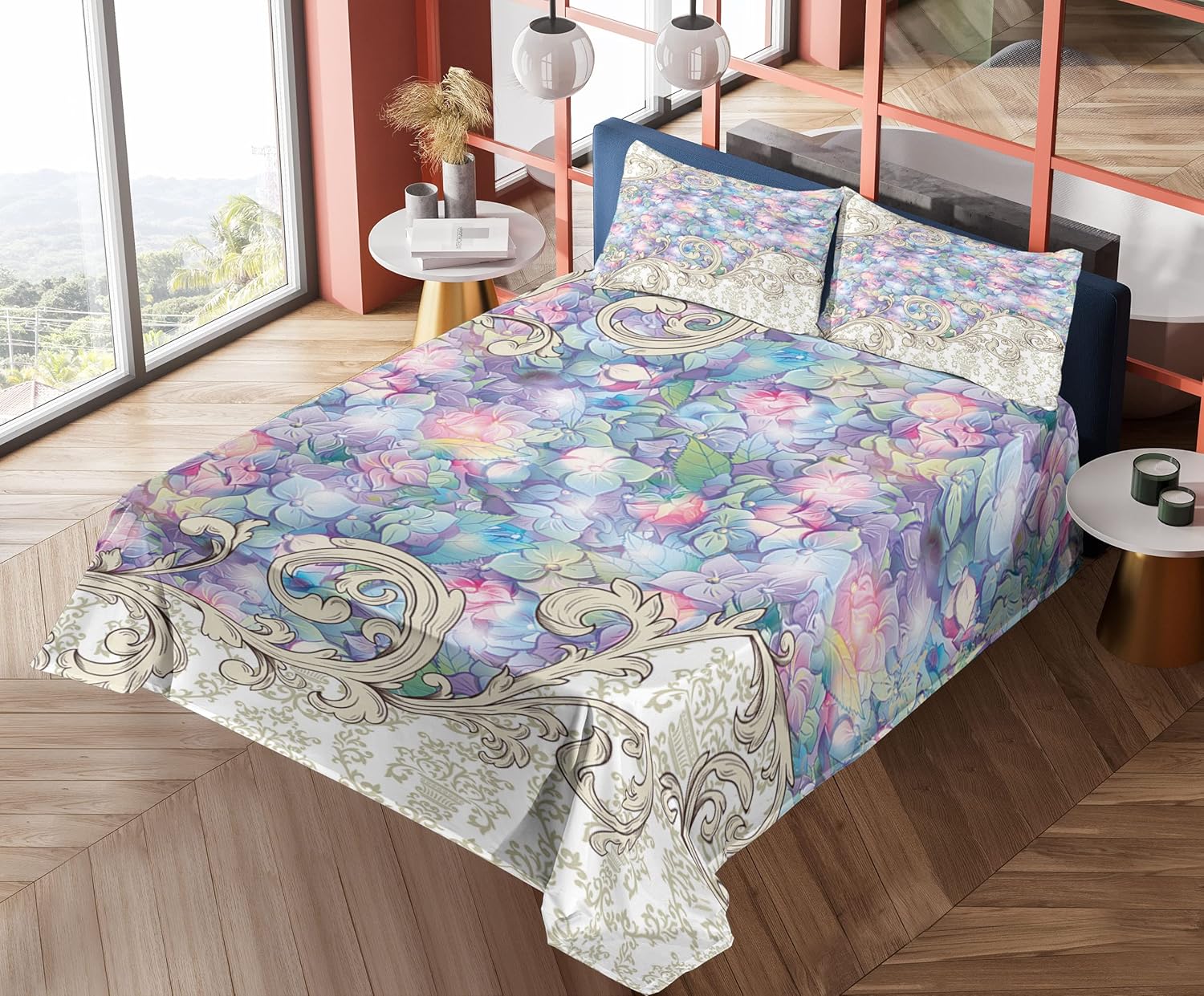 Ambesonne Flower Sheet Set, Colorful Hydrangeas Romantic Baroque Swirls Art Nouveau Inspired Design Print, Fitted and Flat Sheet with Pillowcases Bedding Accent 4 Piece Set, Full, Lilac and Cream