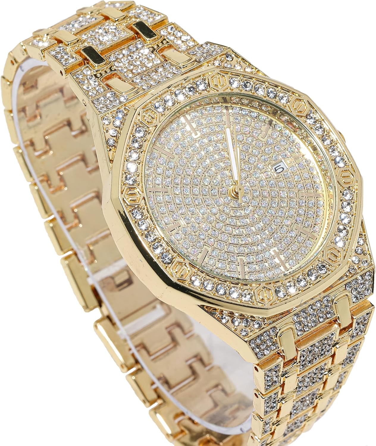 Halukakah Diamond Watch for Men - The Elite - 18K Real Gold/Platinum White Gold Plated & Handset Diamonds Iced Out,40MM Width Octagonal Dial,Wristband 8.7”,Cuban Link Chain 8"+18",Comes with Giftbox