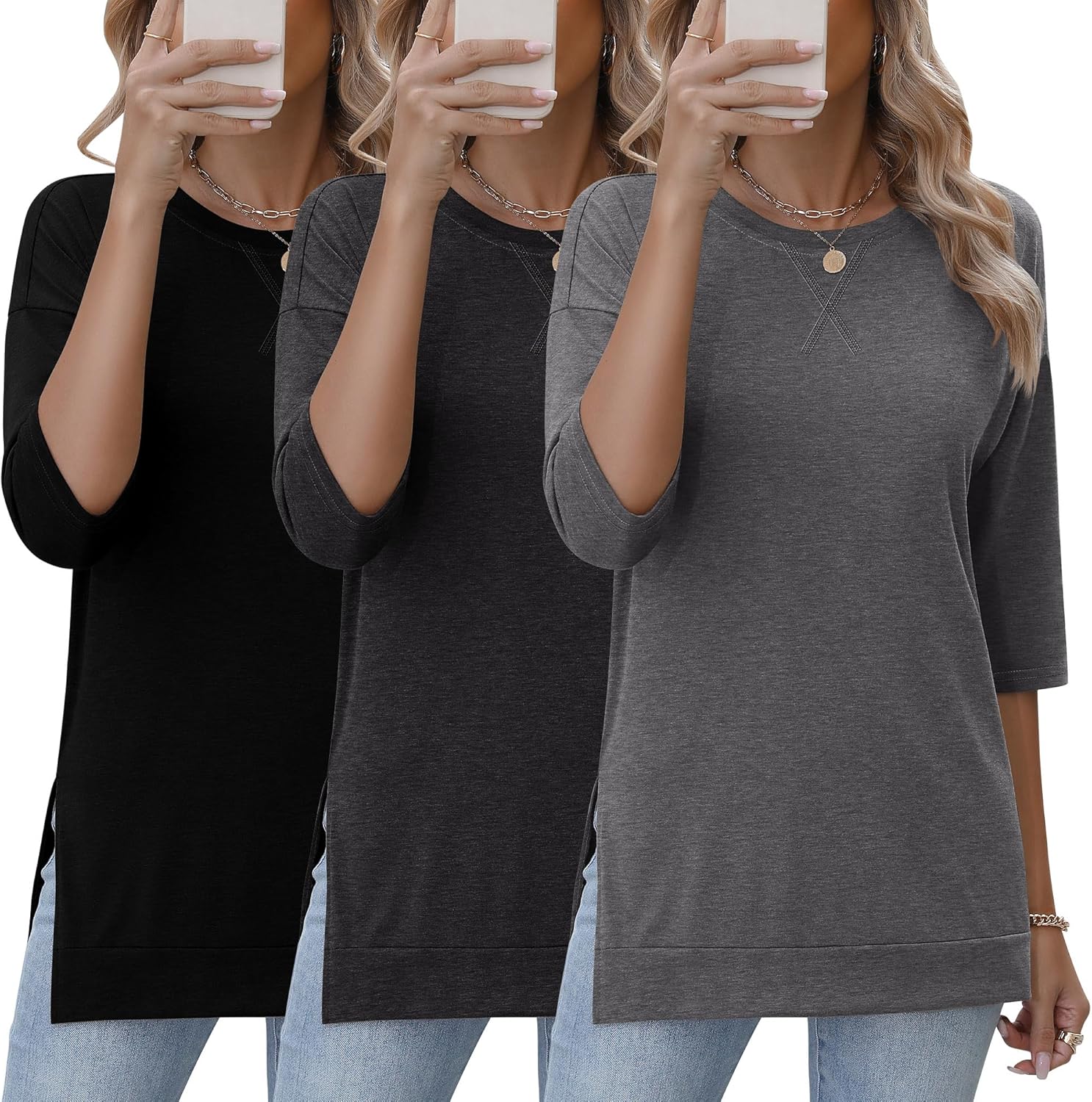Huukeay 3 Pack 3/4 Length Sleeve Women's Tops Side Slit Tunic Loose Fit Round Neck Tee Shirt Ladies Casual Basic Fall Clothes