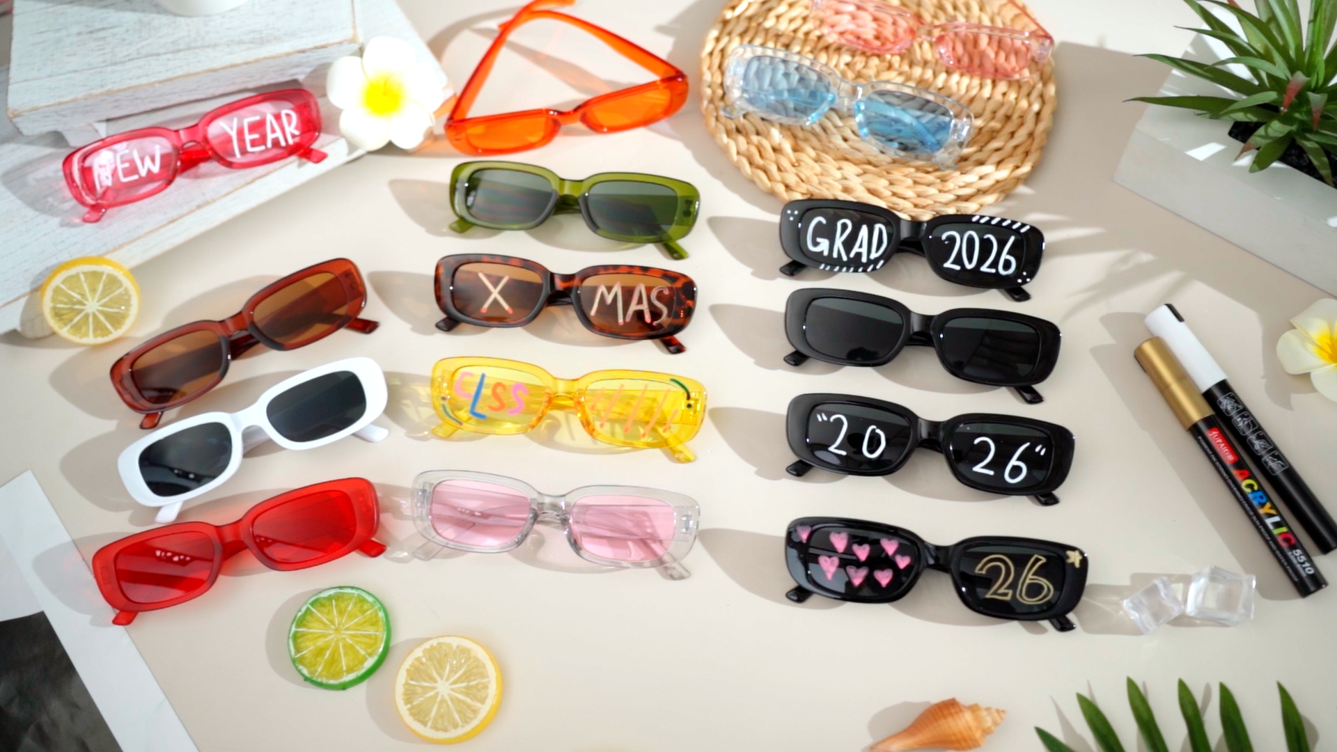 Image of Flutesan Personalized Rectangle Sunglasses with Marker Pens for Adult DIY Custom Birthday Wedding