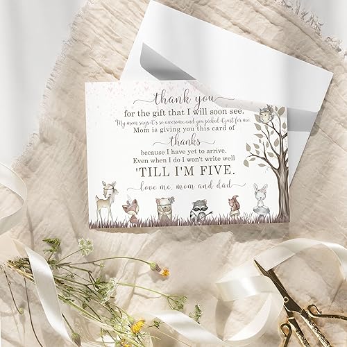 Miniatura 6 de Tarjetas de agradecimiento y sobres para niñas de Woodland Baby Shower paquete de 25 unidades tarjetas de notas rústicas florales rosadas boho juego