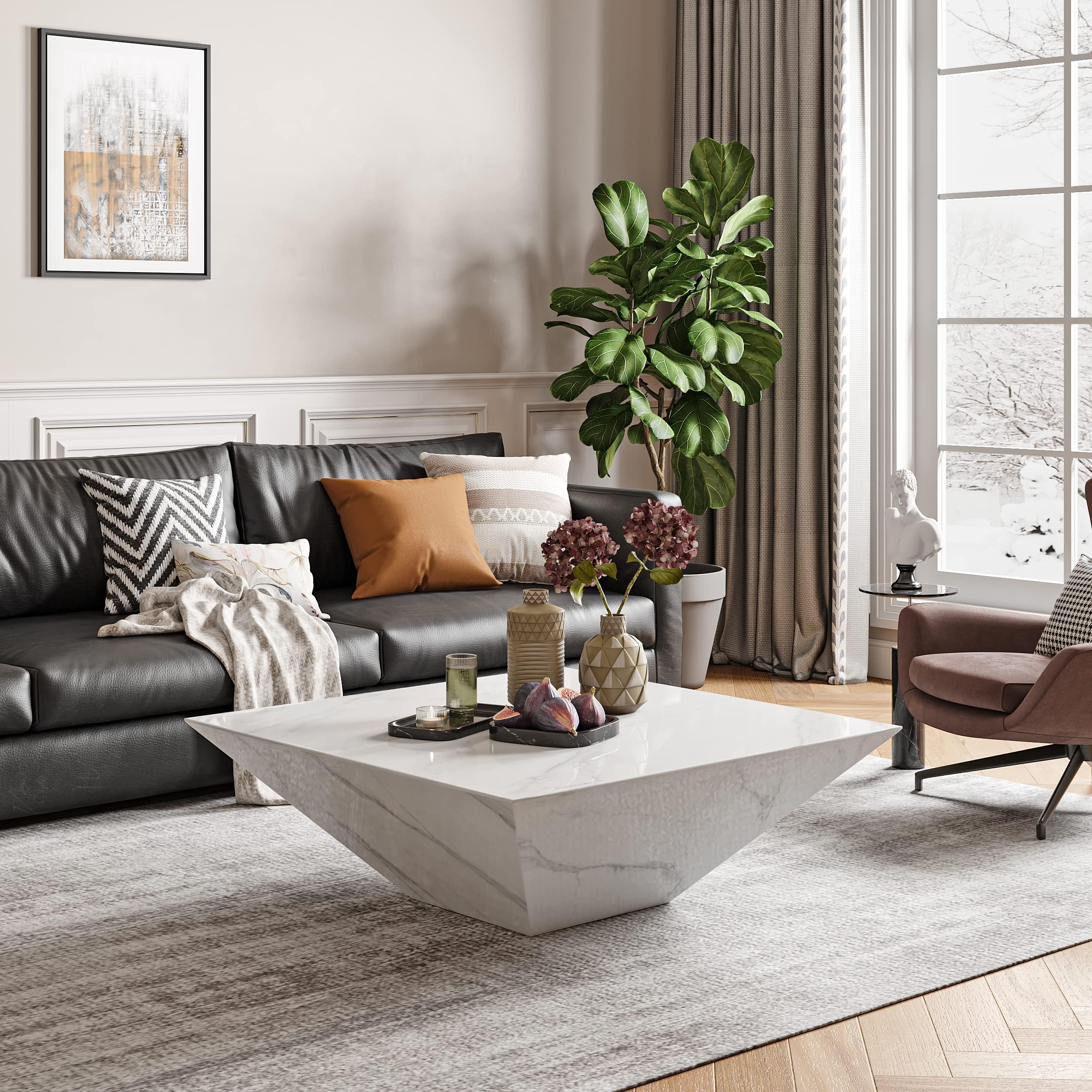 POVISON Modern Center Table, White Trapezoid Shape Coffee Table, 31.5" Faux Marble, Fully-Assembled