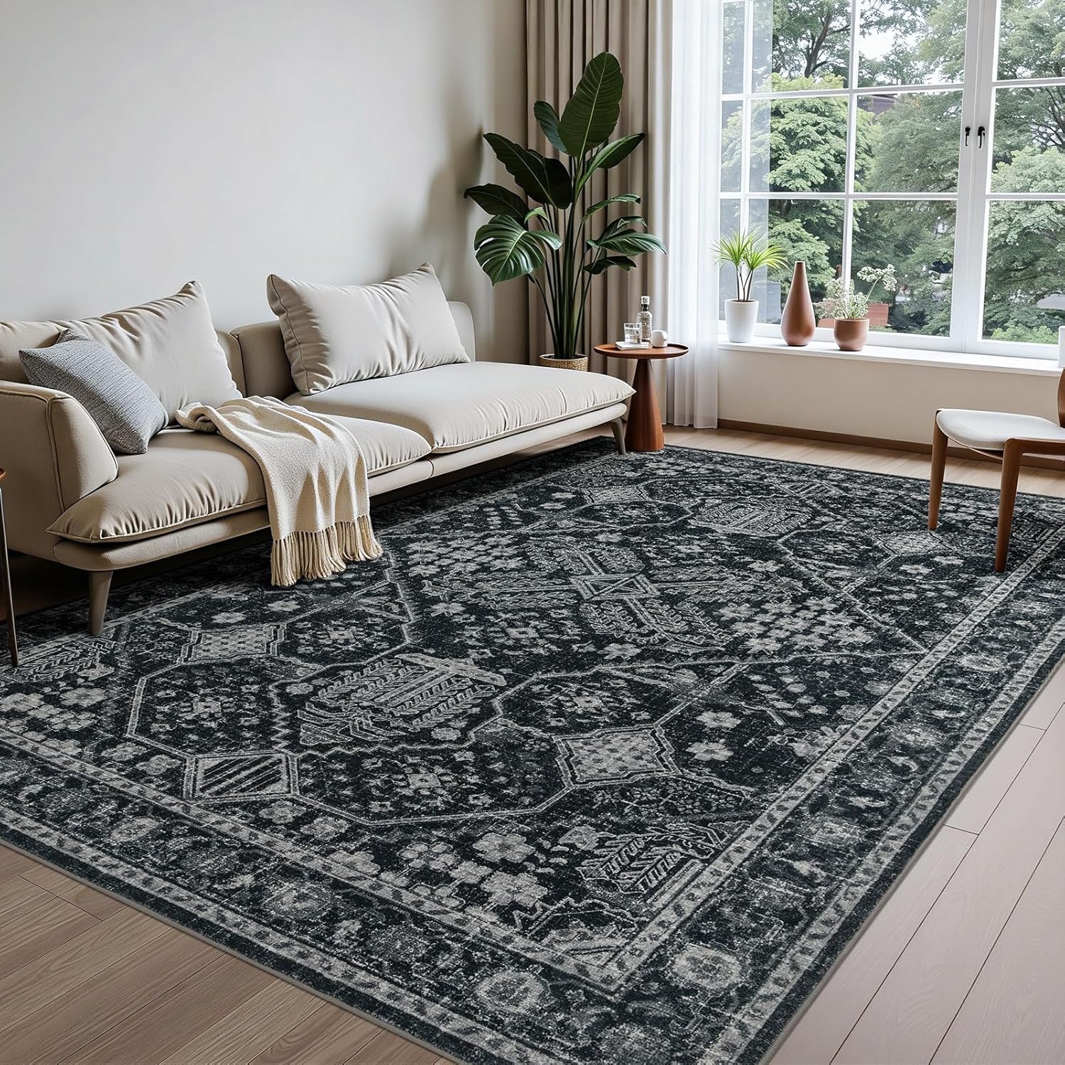 Joydeco 5x7 Area Rugs for Living Room, Non Slip Machine Washable Vintage Rug, Low Pile Chenille Print Rugs for Bedroom, Dining Room, Pet & Child Friendly, Home Office, Dark Gray&Light Gray&Black