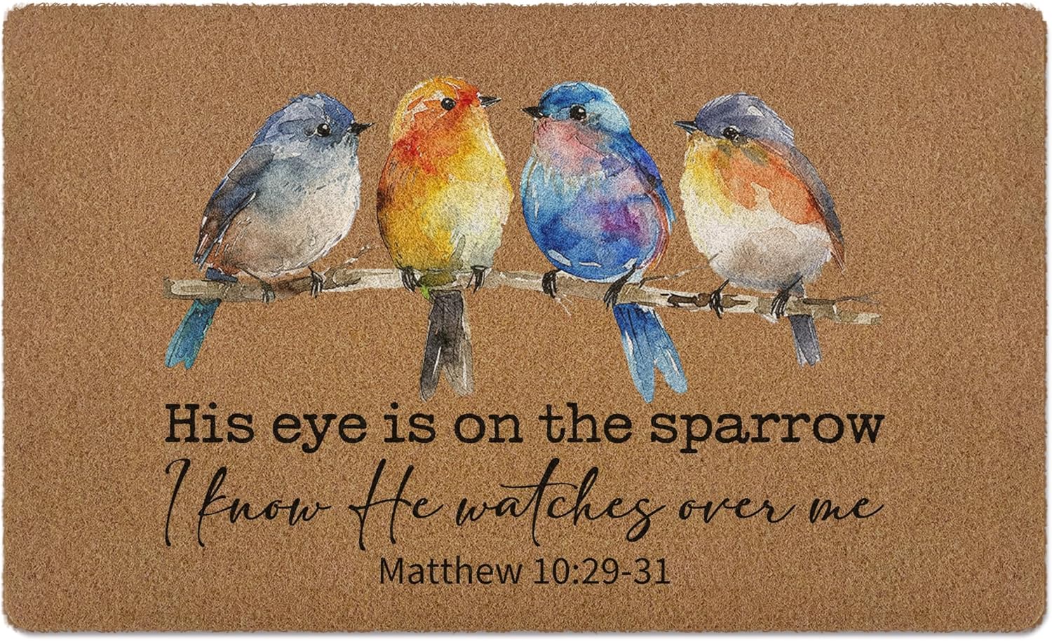 Christian Birds Door Mat, His Eye is on The Sparrow Bible Verse Front Faux Coir Doormat for Indoor Outdoor Entrance Kitchen, Bird Welcome Scripture Decorative Door Mats Small Rug 17X29 Inch