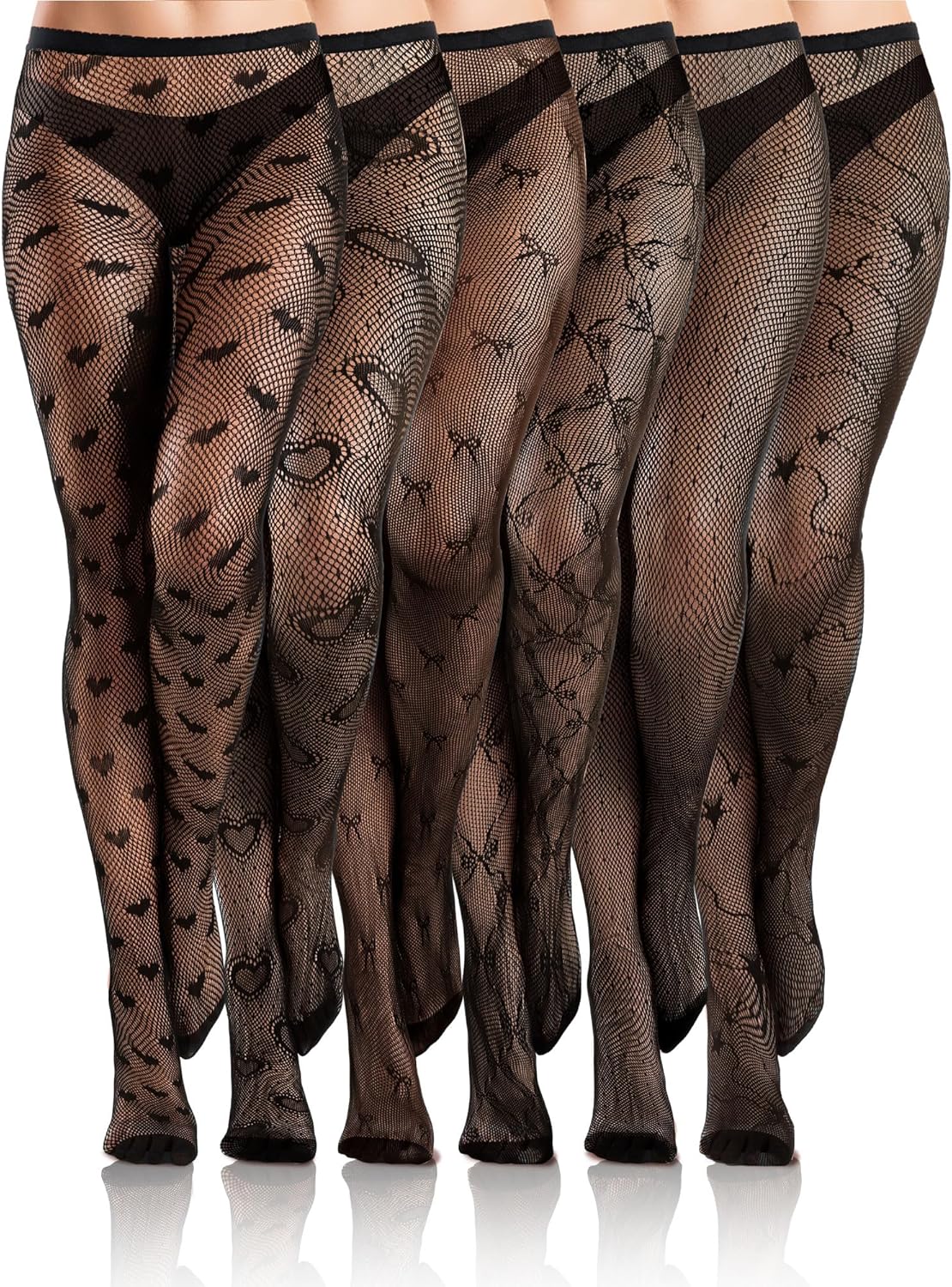 Ramede 6 Pairs Women Fishnet Thigh High Stockings Waist Tights Bow Patterned Goth Fishnet Leggings Pantyhose for Halloween