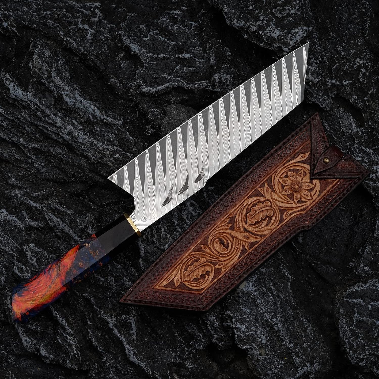 Damascus Steel Santoku Knife Handmade Japanese Tanto Chef Knife with Sheath 8inch Bunka Knife Vegetable Slicing Knives Stabilized wooden handle