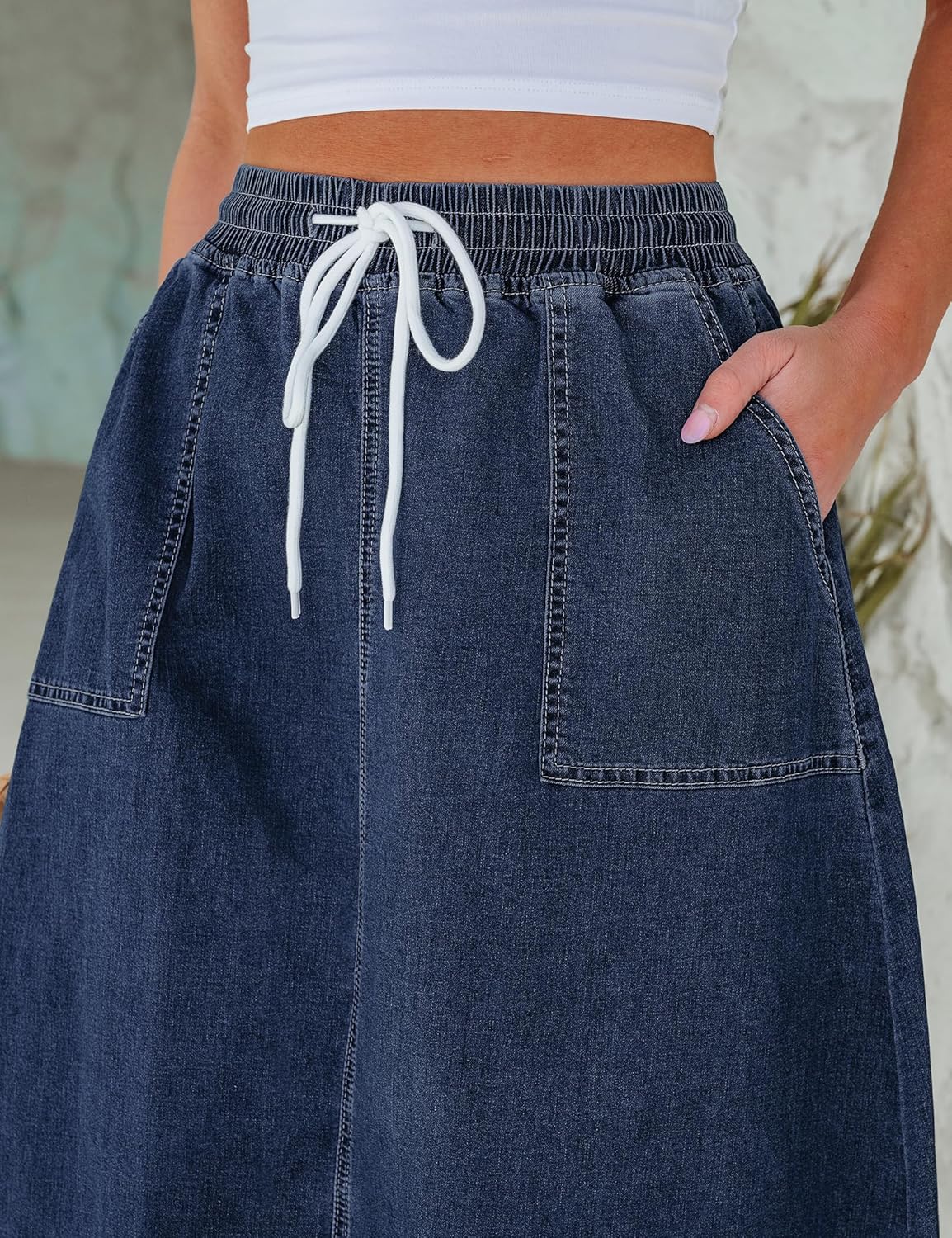 luvamia Denim Skirts for Women Trendy A Line Long Maxi Pull On Elastic Waist Drawstring Stretchy Jean Skirt with Pockets - Image 3