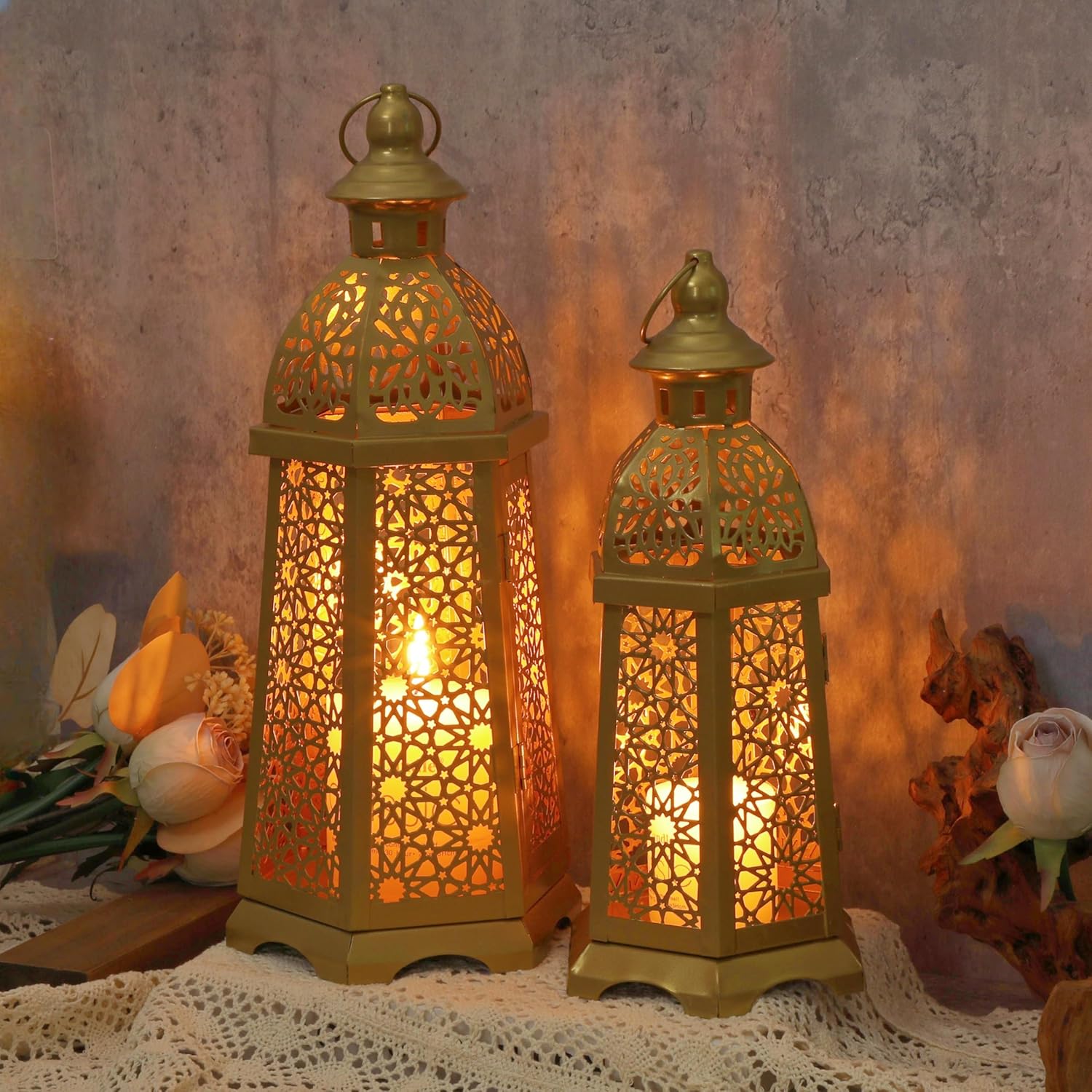 2 Pack Moroccan Lantern Lamp Decorative Candle Holders for Ramadan Decorations, Hanging, Outdoor Patio or Porch, Indoor Home Decor（Gold）