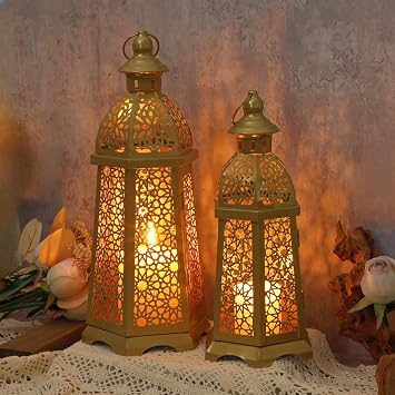 2 Pack Moroccan Lantern Lamp Decorative Candle Holders for Ramadan Decorations, Hanging, Outdoor Patio or Porch, Indoor Home DecorGold