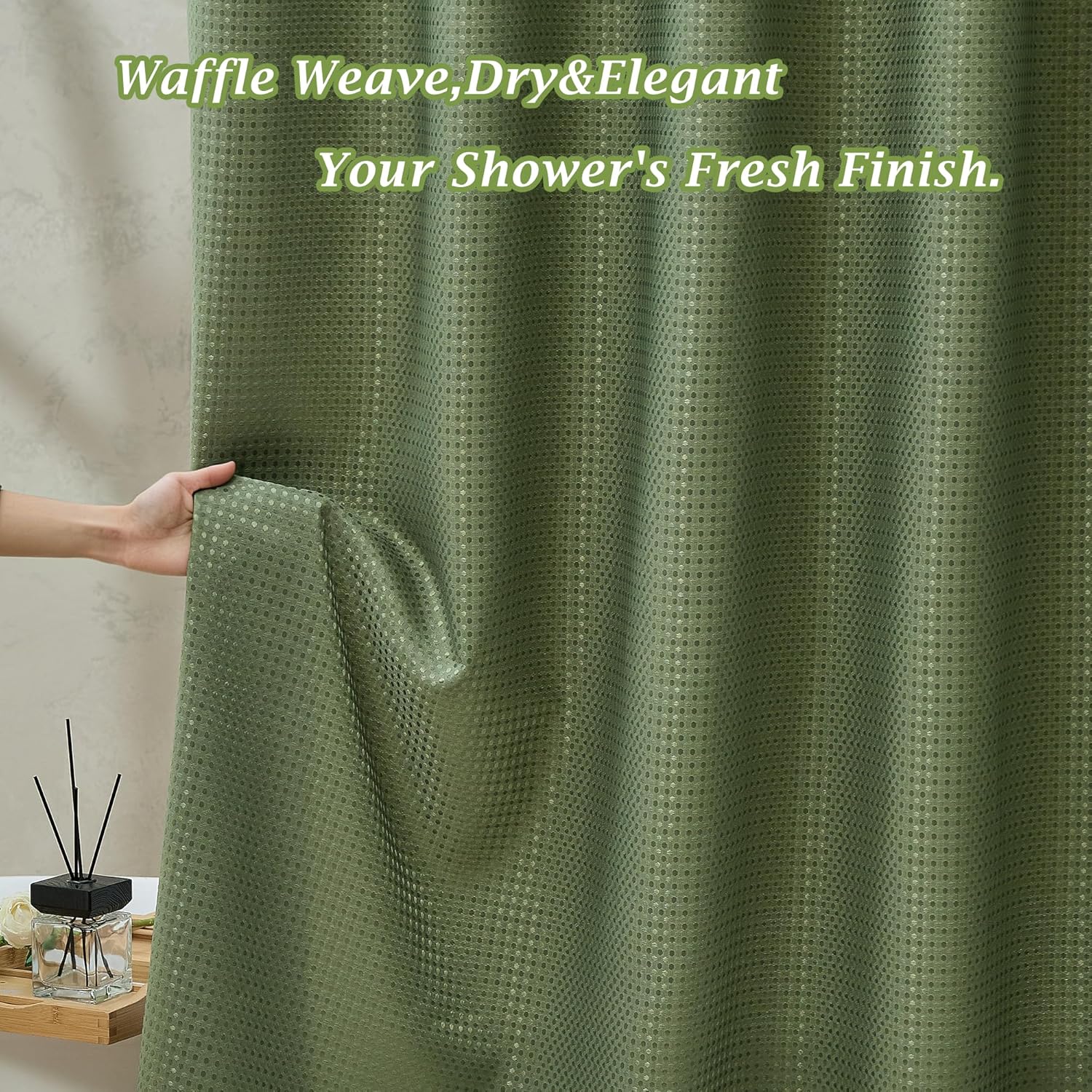 Sage Green Waffle Shower Curtain 3 in 1 Set with Hooks - Includes Luxury 180GSM Weighted Cloth Curtain & Waterproof Liner, 12 Hooks, 72"x72 " for Bathroom (Sage Green, 3 IN 1 Shower Curtain Set)