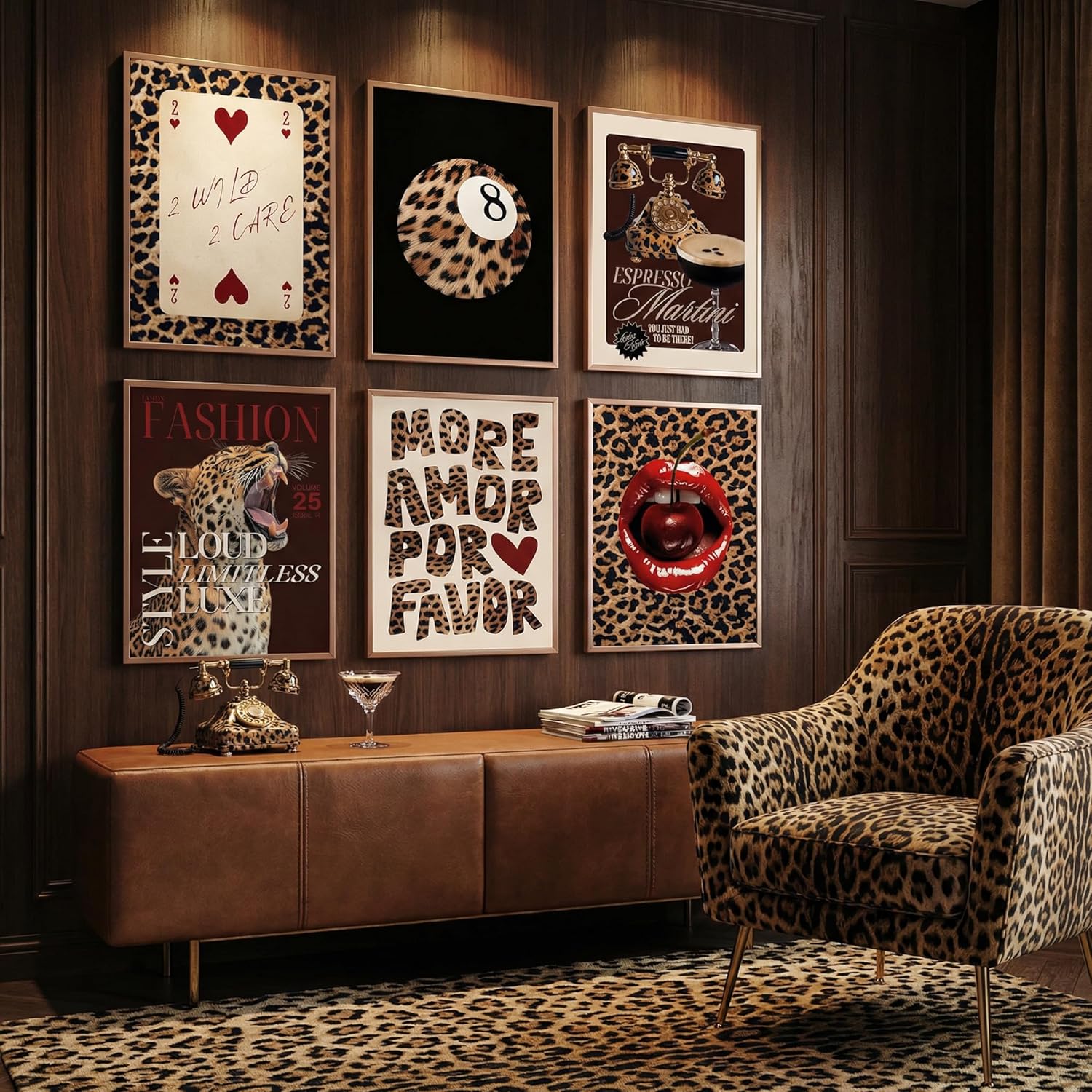 6pcs Trendy Leopard Canvas Wall Art Preppy Cheetah Room Aesthetic Posters Prints Paintings Funky Lucky 8 Ball Wall Decor Pictures for Girls Bedroom Apartment Dorm Unframed