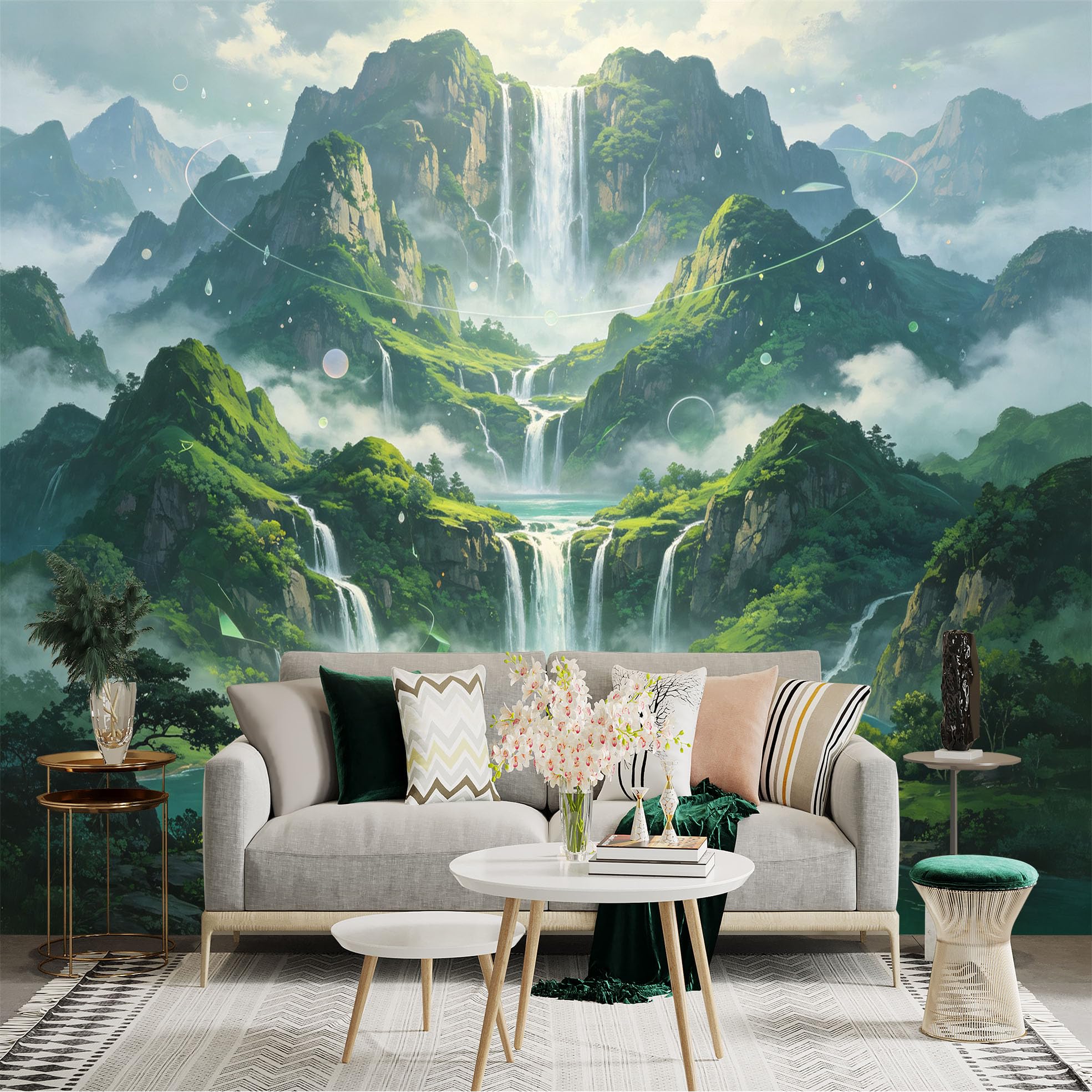 Custom Size Wall Sticker Mural， Majestic Waterfall Landscape， Lush Green Mountains， Misty Lake Scenery， Surreal Fantasy Nature， for wall Decoration， peelandstick wall Decals.
