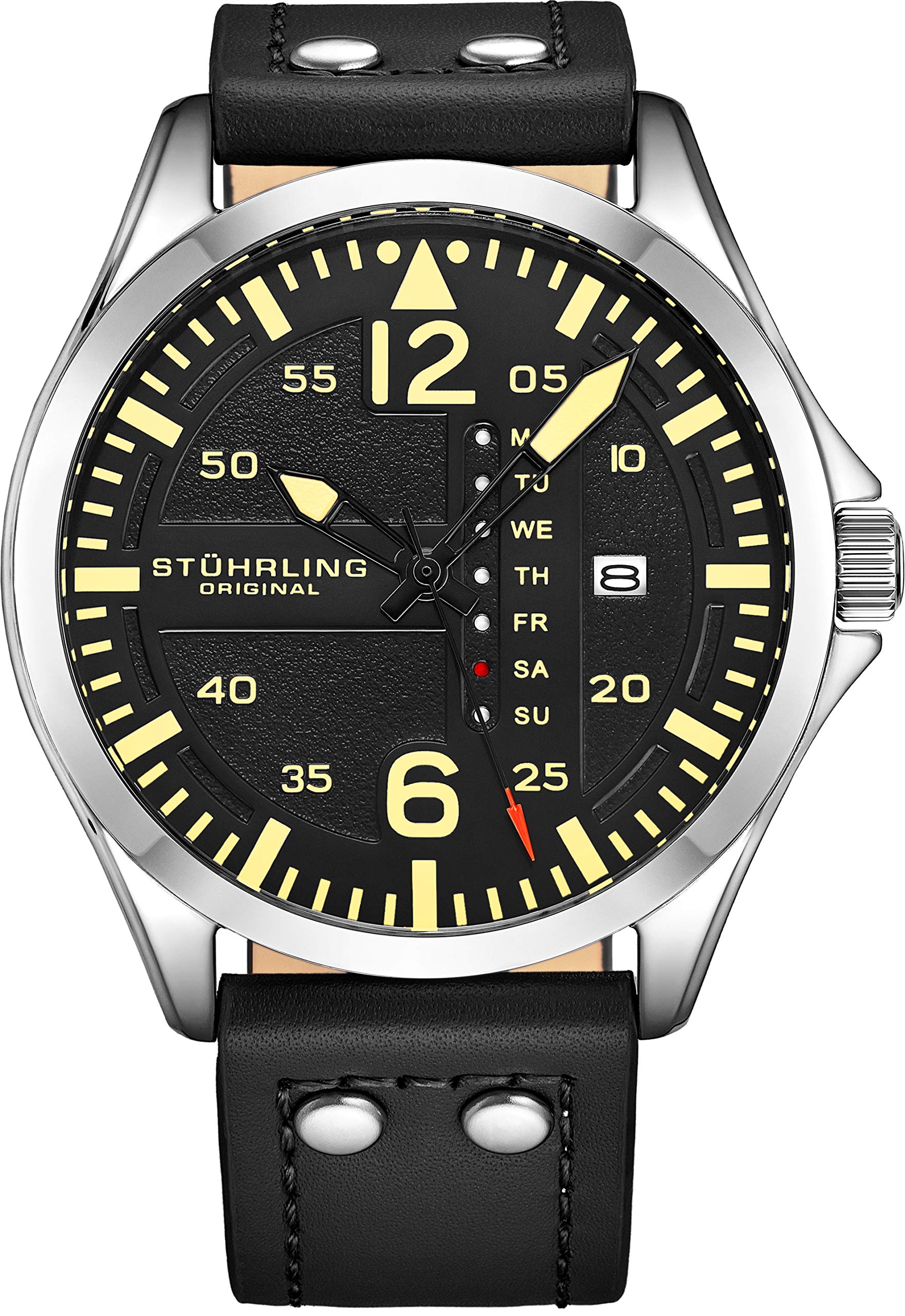 Stührling Orologio Da Uomo Aviatore Sportivo Original - Impostazione Rapida, Funzioni Giorno E Data, Cinturino In Vera Pelle Marrone, Quadrante Luminoso
