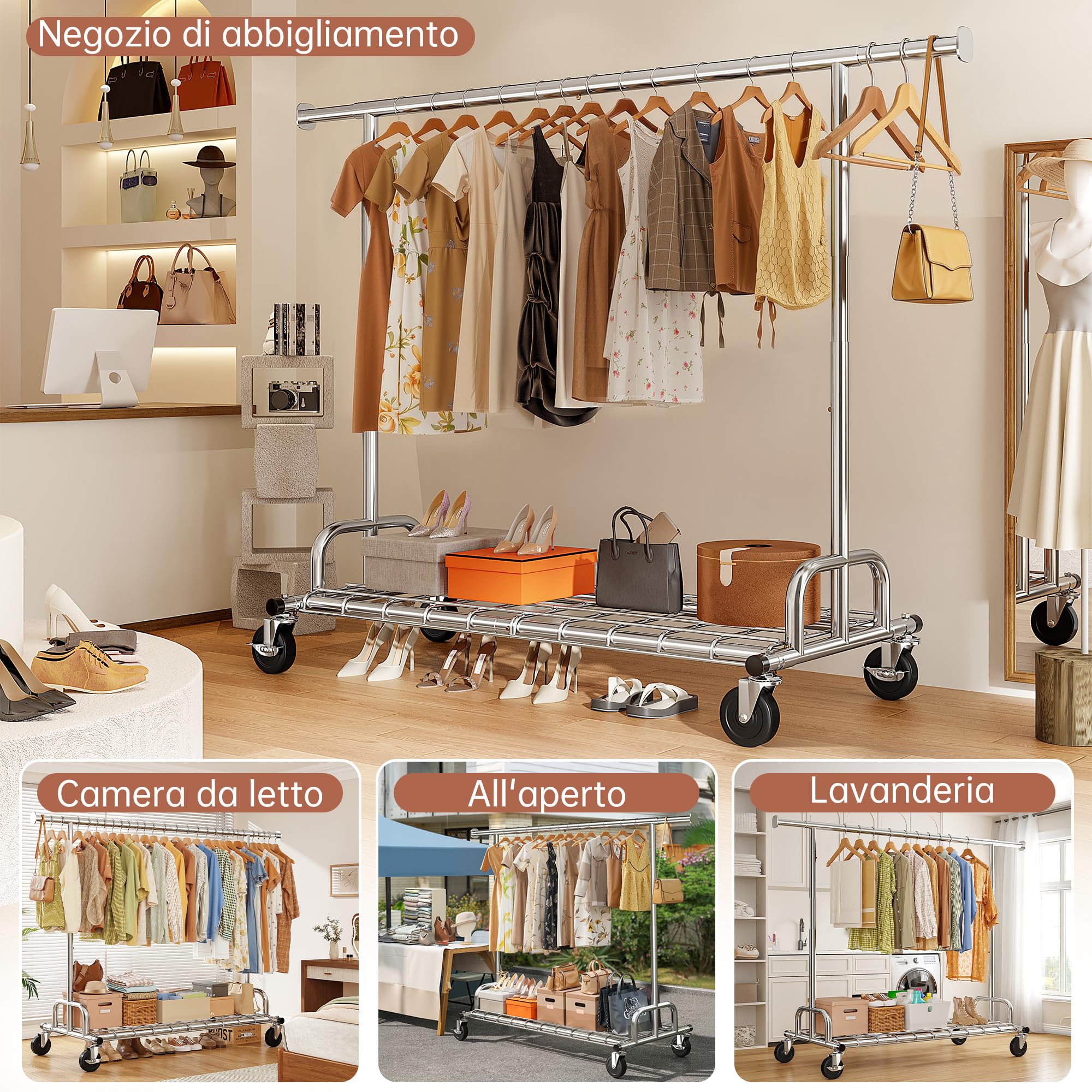 Stand Appendiabiti con Ruote, Portata massima 200KG, Argento | 130–190cm Estensibile, 166-178cm Regolabile in Altezza, per Cappotto invernale, Giacca, Maglioni, Camera da letto, Dormitorio