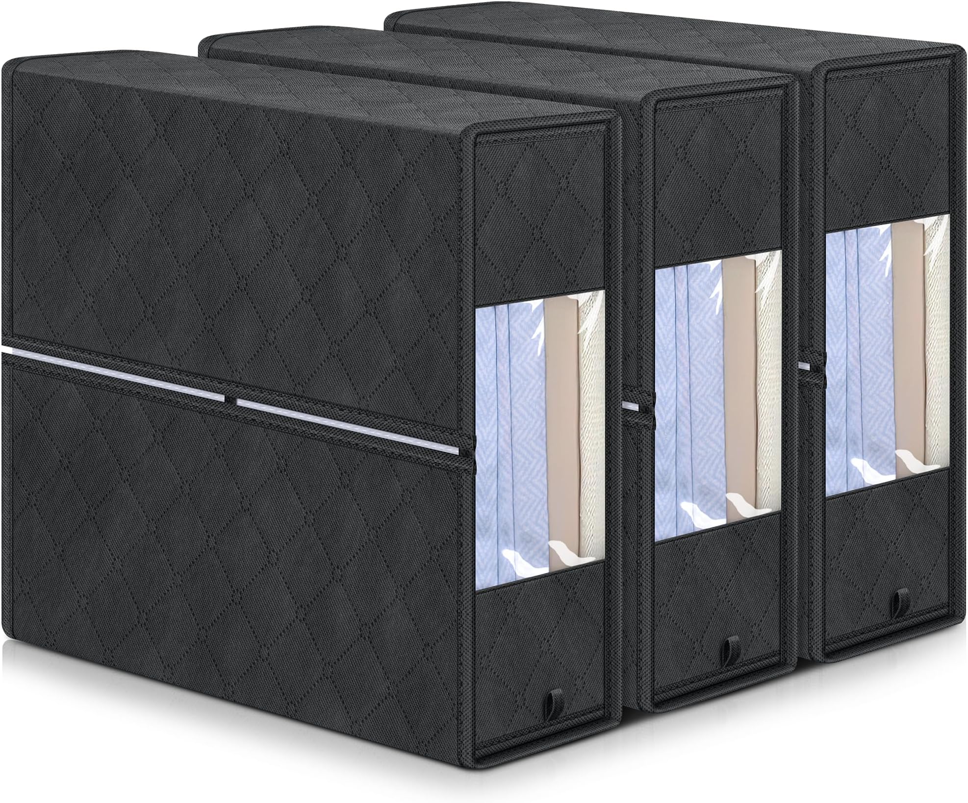 KIMBORA Foldable Bed Sheet Organizer and Storage, 3 Pack King Size Sheet Set Organizer for Linen Closet With Clear PVC Sheet Storage for Bedding Sheets, Duvet Covers and Pillow cases (Black)