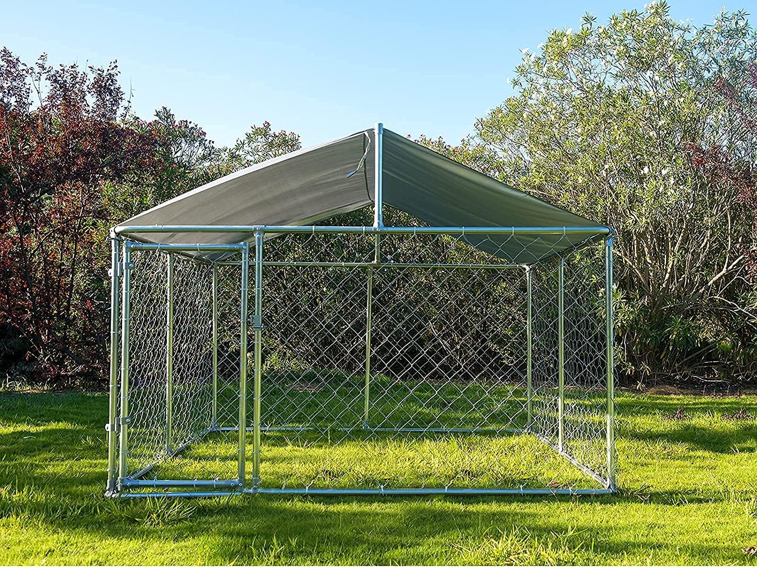 Grepatio Outdoor Dog Kennel, Large Dog Playpen Dog Cage Outside Dog Fence for Backyard Dog Run with Waterproof Cover, 90" X 90" X 45"