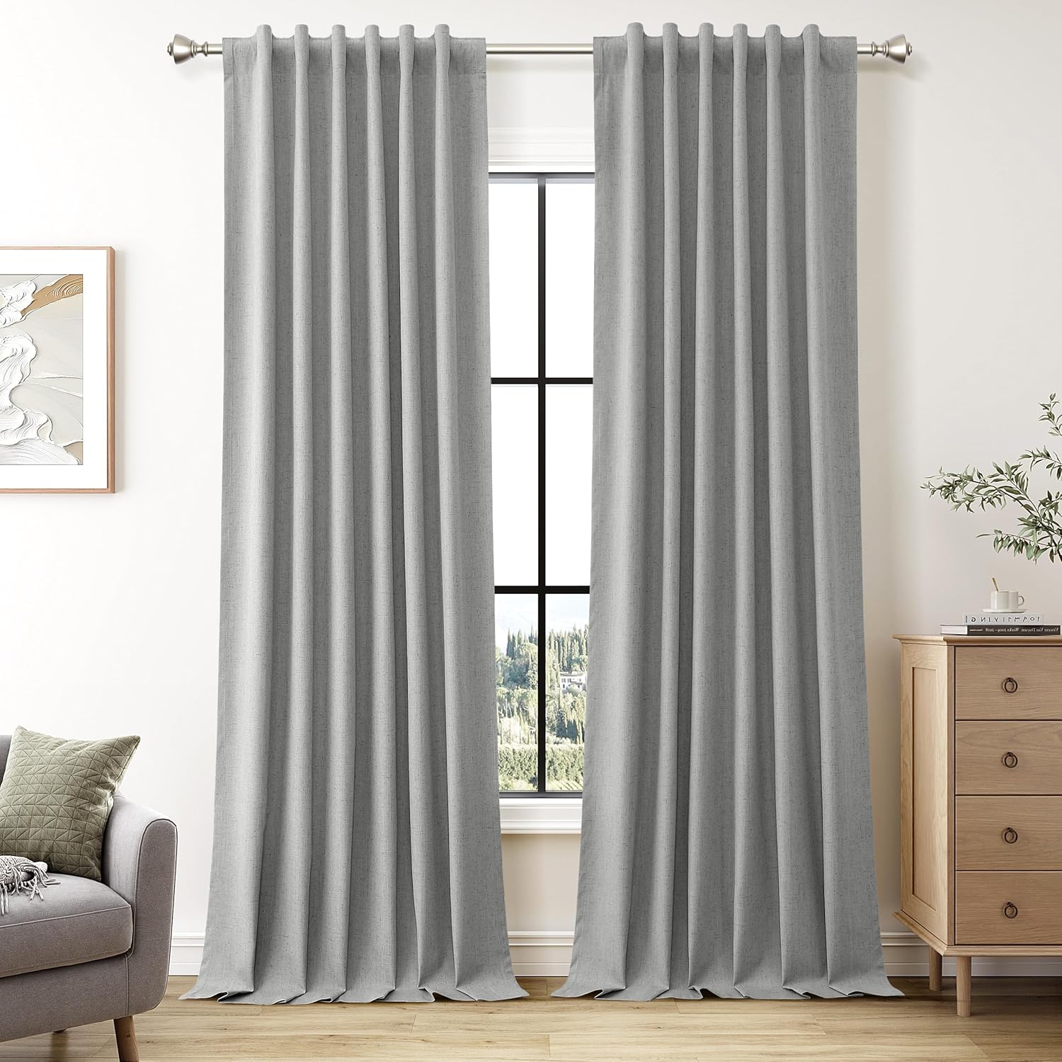 Guken Grey Blackout Linen Curtains 96 Inches Long for Living Room 2 Panels Set Linen Textured Black Out Farmhouse Curtain with Hooks Thermal Insulated Soundproof for Dining Room Gray 52x96 8FT