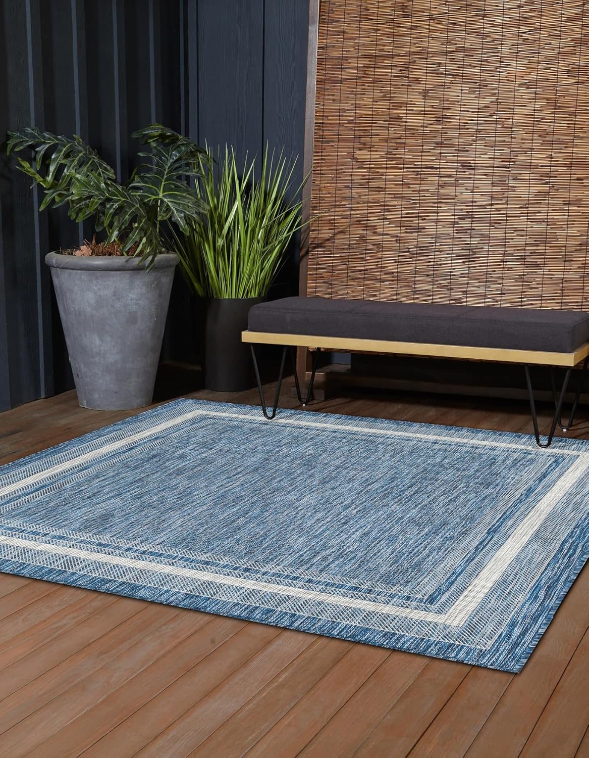 Rugs.com Outdoor Border Collection Rug – 5' Square Blue Flatweave Rug Perfect for Living Rooms, Kitchens, Entryways