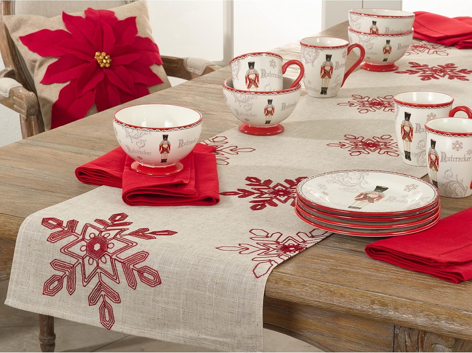 Saro Lifestyle Embroidered Snowflakes Table Runner, 16"x70", Red