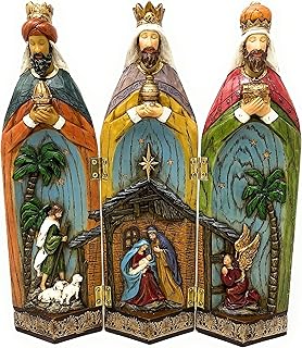 MOMENTS IN TIME Nativity 3 Kings Three Wise Men Figurines Hand Painted Tri-Fold Holy Family Nativity Scene Christmas Nativity Set with 3 Kings 11" H x 9.6" W x 1.7" D