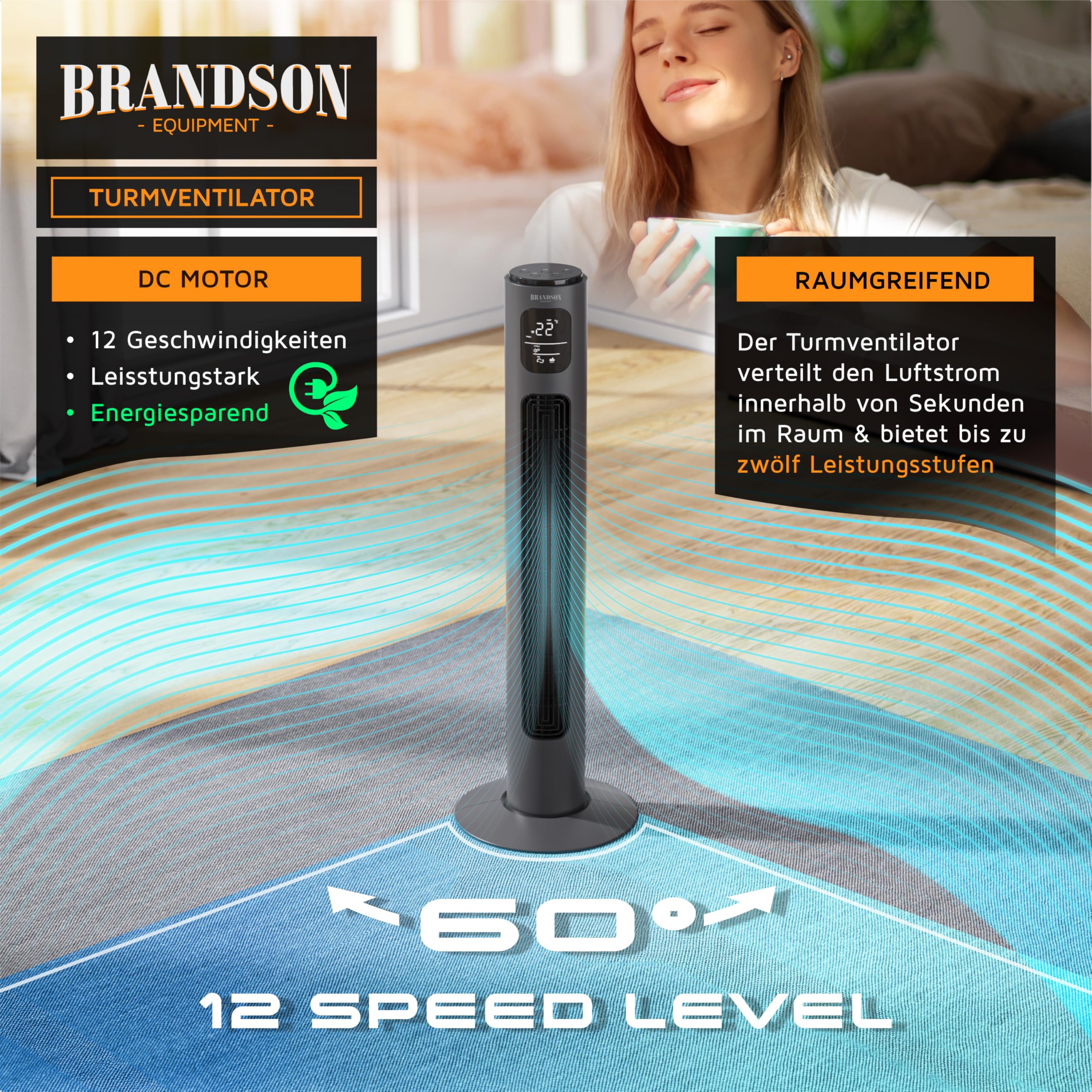 Brandson - Turmventilator ECO mit DC Motor - sehr leise – Wlan Smart Home mit App/WiFi Alexa Sprachsteuerung - mit Fernsteuerung – Sieger Ventilatoren und Luftkühler 2026 - Anthrazit