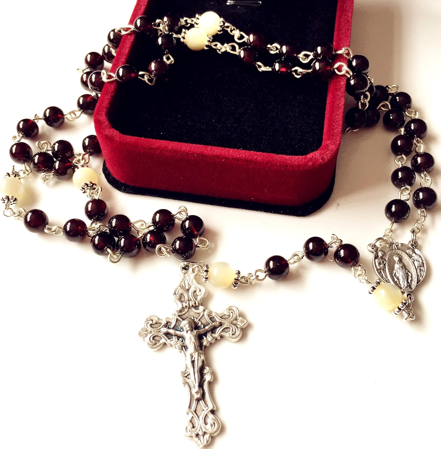 elegantmedical handmade Garnet Gemstone Beads Our Lady of GRACE 5 DECADE ROSARY Cross necklace - Image 2