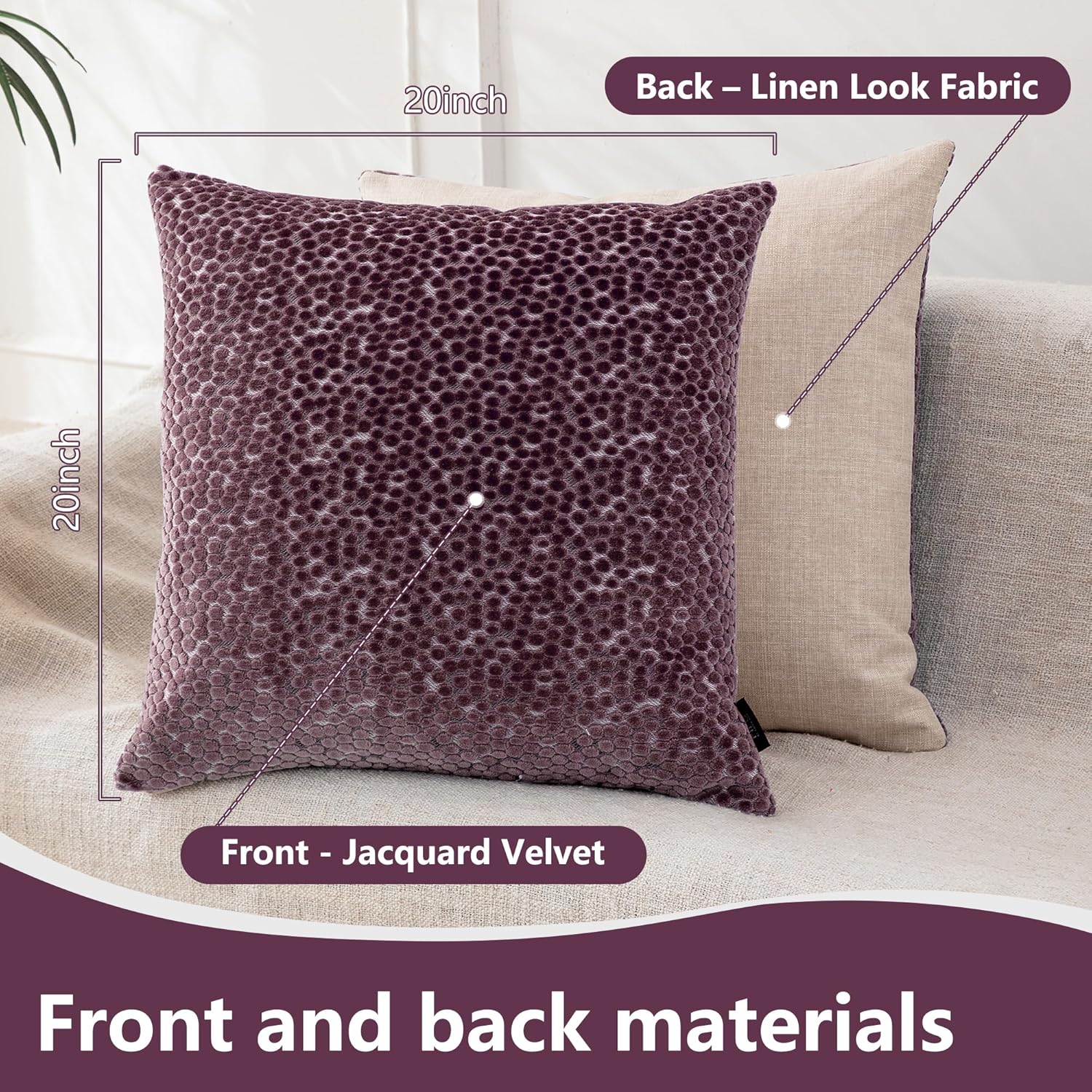FIFU Couch Throw Pillow Covers 20x20 Inch Set of 2 - Jacquard Velvet Front & Neutral Textured Back, Decorative Cushion Covers with Invisible Zipper for Living Room, Bedroom & Home Sofa, Dusty Purple