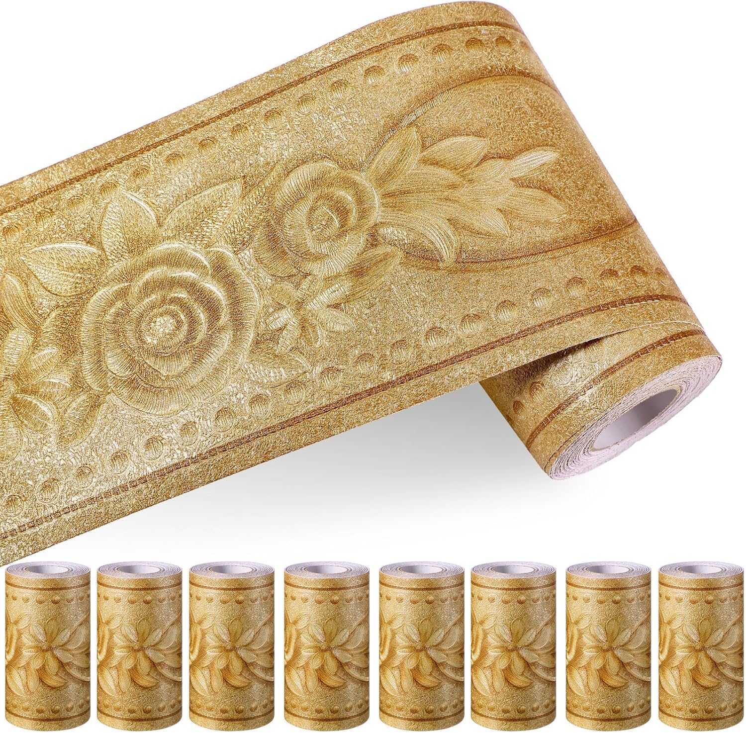 TaoBary 8 Rolls Gold Self Adhesive Wallpaper Borders 4" X16.4 ft Peel and Stick 3D Gold Peony Flower Bulletin Board Border Wall Decor Removable Tiles Sticker for Home Bathroom School Decor