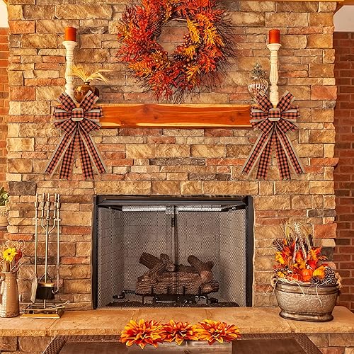 Miniatura 4 de Whaline Paquete de 2 lazos de arpillera de otoño con diseño de búfalo a cuadros, adornos decorativos para decoración de árbol de otoño, lazo de