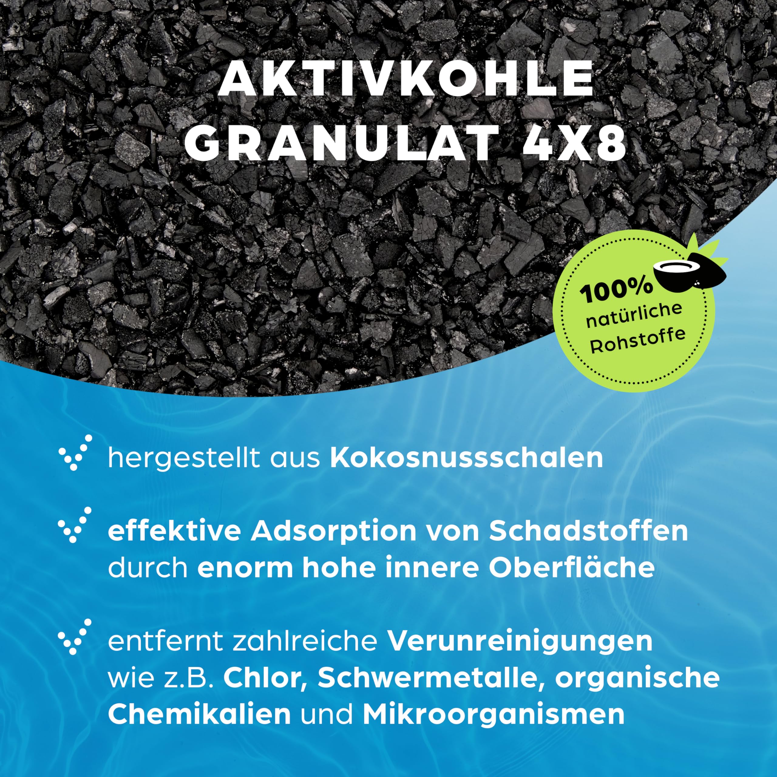 Aktivkohle Granulat 5 Liter aus Kokosnussschalen für Wasserfilter für Aquarium und Teich, Mesh 4x8, Körnung 4,76-2,36mm, Energieklasse A, als Carbon Filter verwendbar