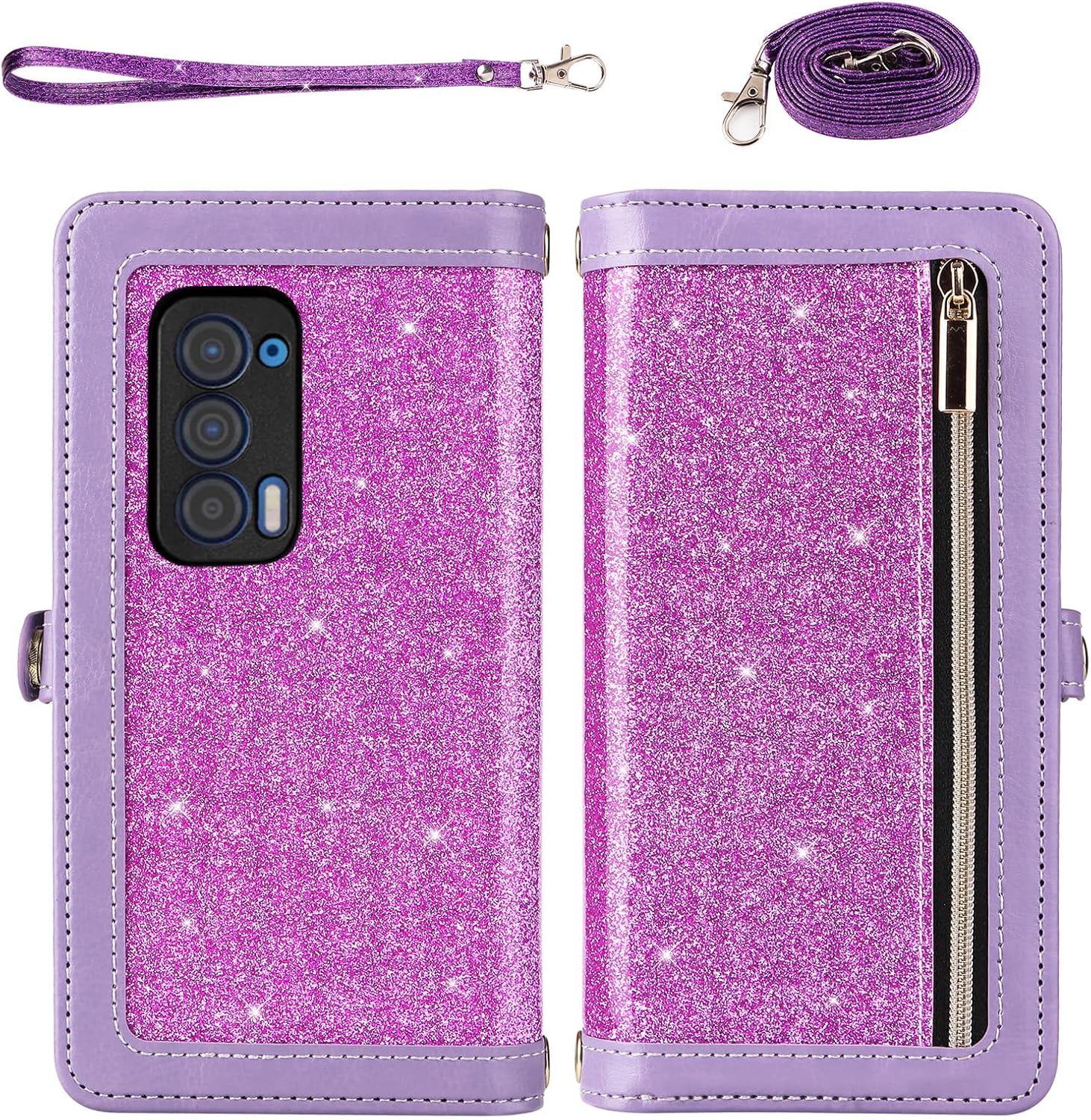 Asuwish Phone Case for Motorola Moto Edge 2021/MotoEdge 5G UW 2021 Zipper Wallet Detachable Cell Cover with Tempered Glass Screen Protector Strap Bling Glitter Flip Card Holder XT2141-1 Women Purple
