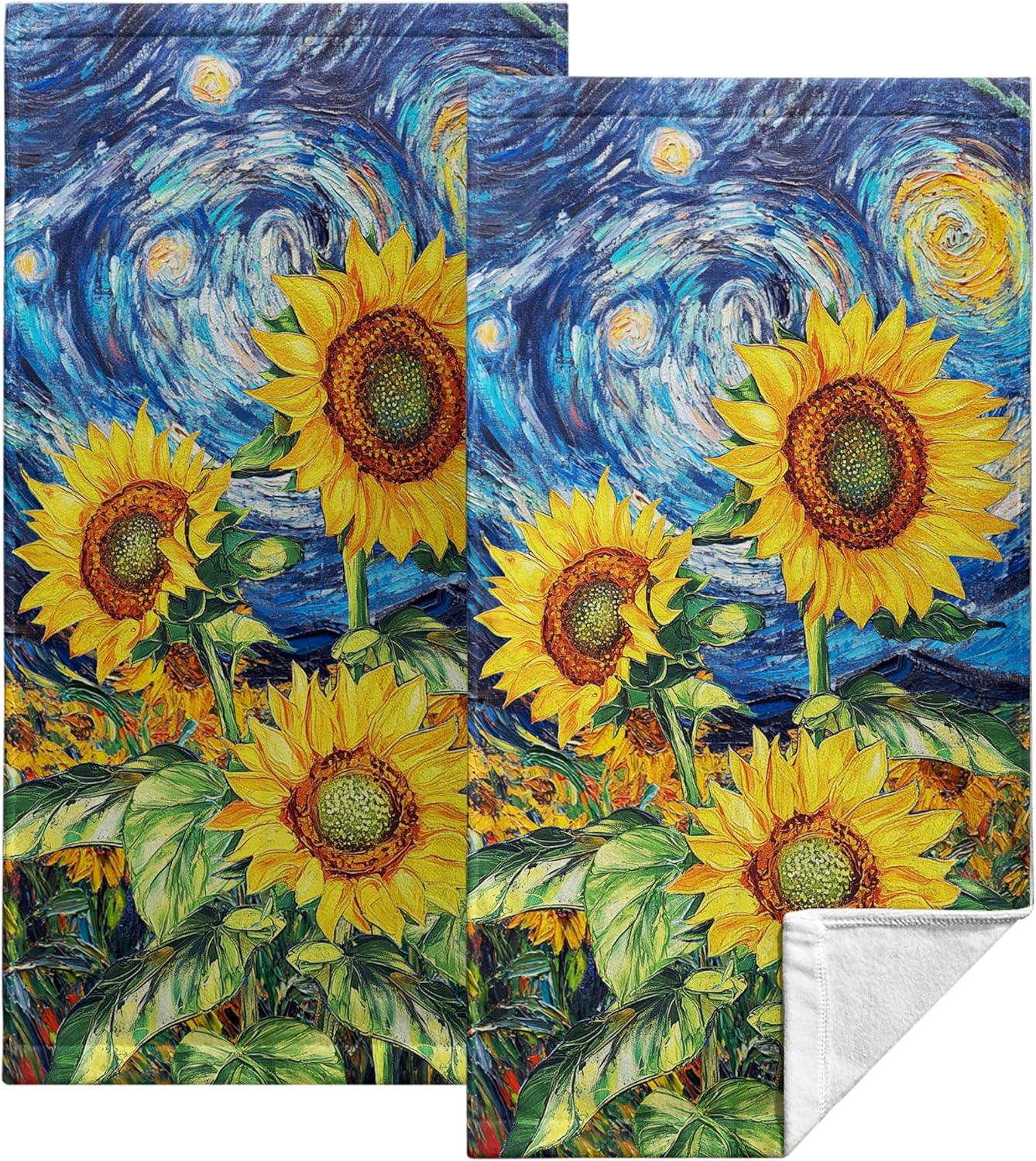 Vincent Van Gogh Starry Night Hand Towels 14.4x28.3 Set of 2 Sunflowers Decorative Kitchen Towels Oil Painting Vintage Towels Soft Highly Absorbent Towel for Bathroom Hotel Gym