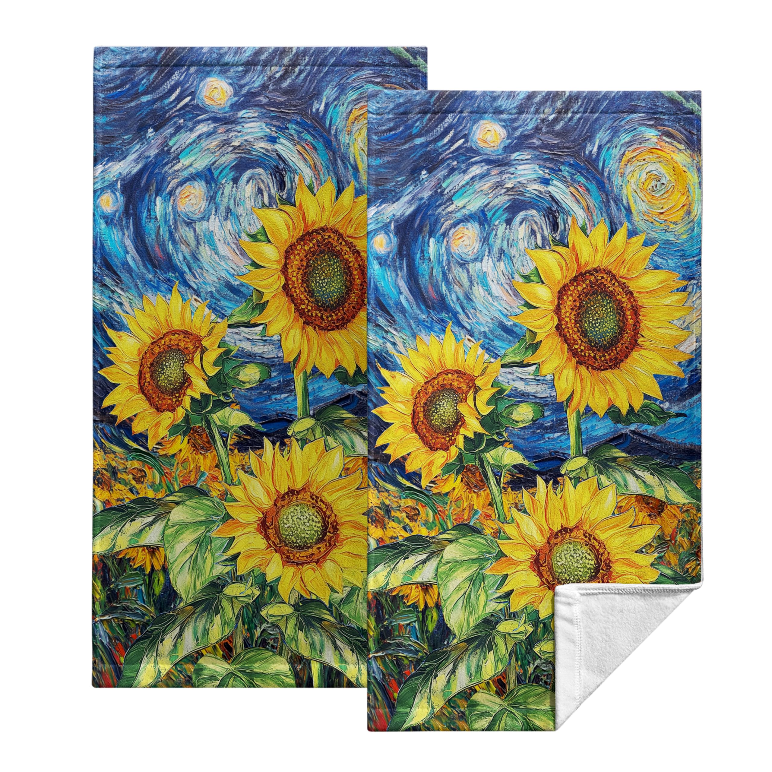 Vincent Van Gogh - Juego de 2 toallas de mano de noche estrellada de 14.4 x 28.3 pulgadas, diseño de girasoles, toallas de cocina decorativas, toallas vintage suaves y altamente absorbentes