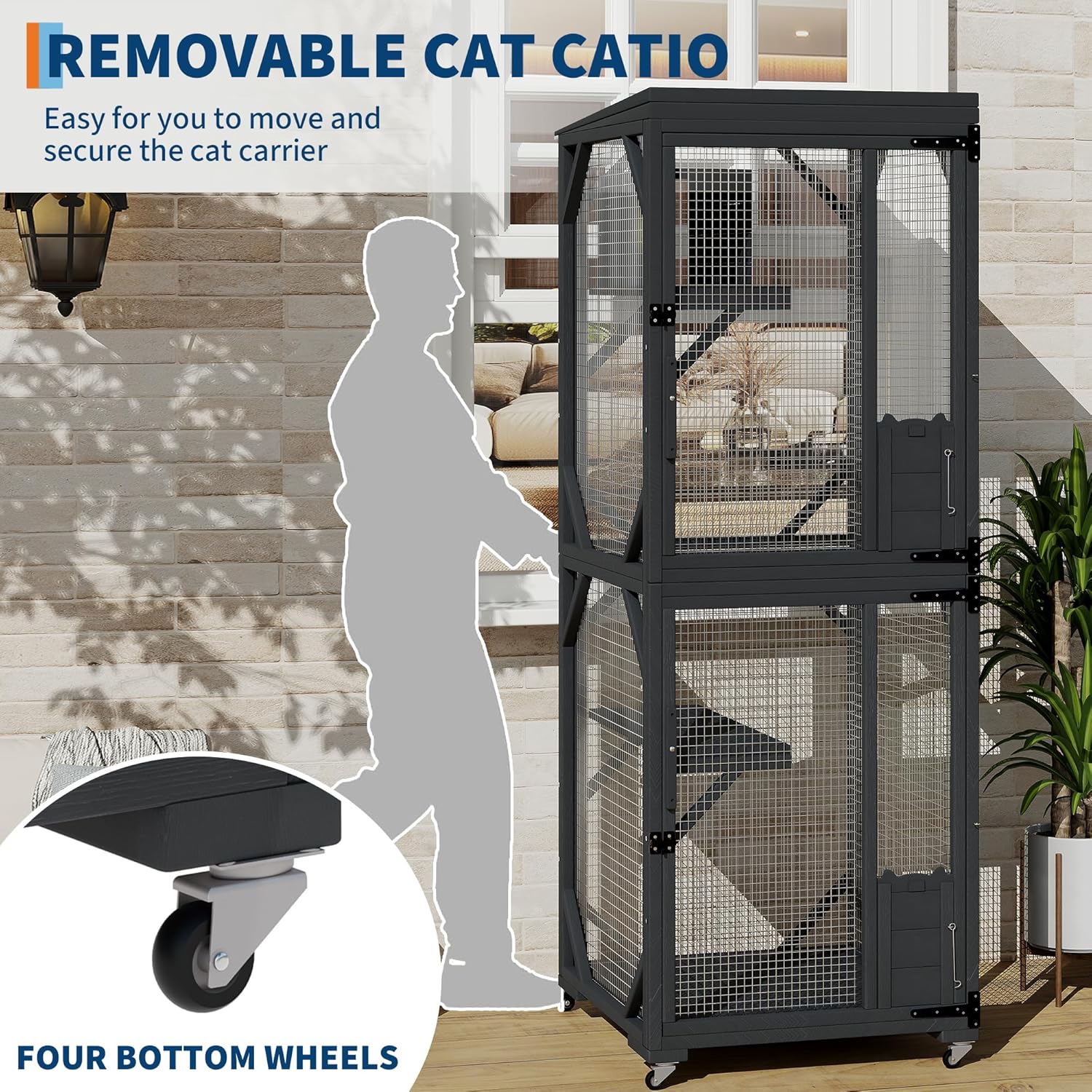 4-Wheel Portable Wooden Catio | Outdoor Cat Enclosure for Patio