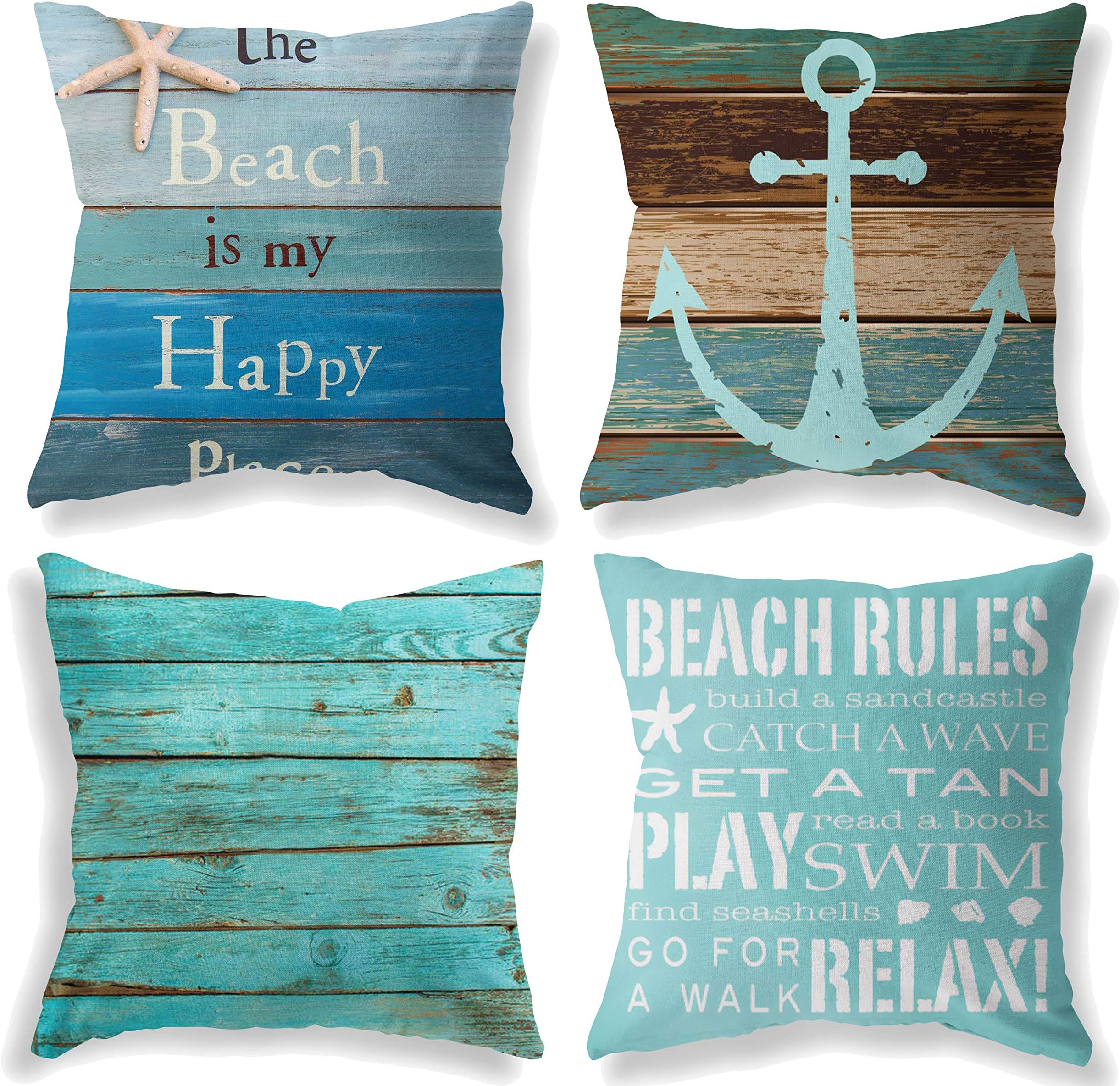 LuckyCow Throw Pillow Covers 18x18 Inch - Cotton Linen Blue Theme Ocean Starfish Wood Grain Beach Game Pillow Covers, Decorative Pillowcase for Home Sofa Bedding Couch Outdoor Cushion Covers.