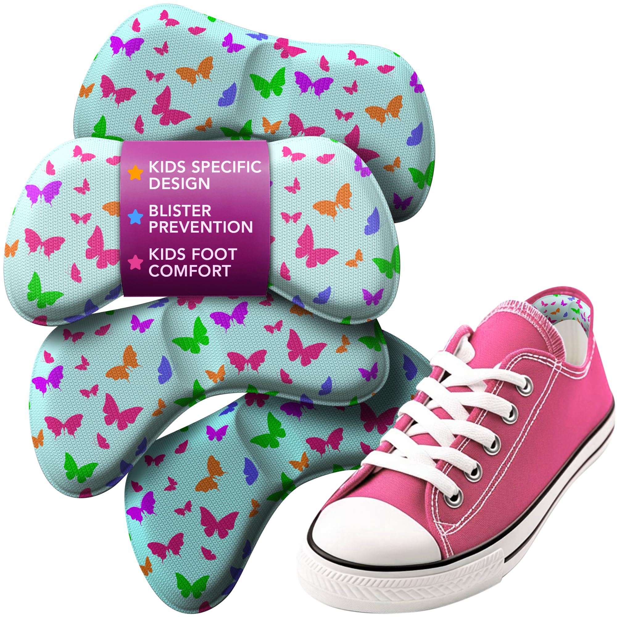 Ballotte Premium Heel Cushion Pads for Kids, Heel Grips/Heel Liners for Boys/Girls Shoes, Back of Heel Pads for Shoes That are Too Big, Shoe Heel Inserts for Girls/Boys (Butterflies (4 Pack))