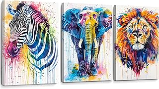 Framed Colorful Safari Nursery Wall Decor Triptych Animal Canvas Wall Ar...