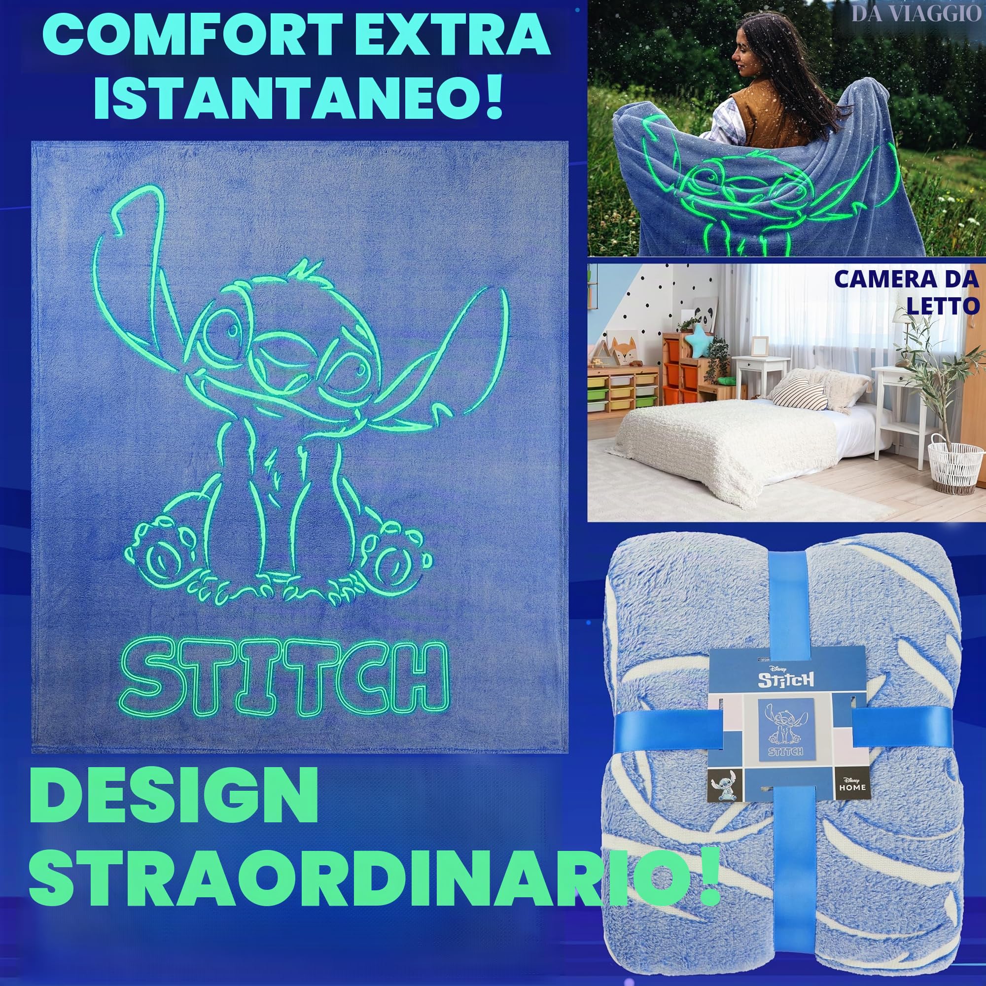 Get Trend Disney Stitch Coperta che si Illumina al Buio 130x150cm, Coperte Pile per Divano e Letto, Si Illumina Dopo 15-30 Minuti, Accessori Letto (Viola Stitch)