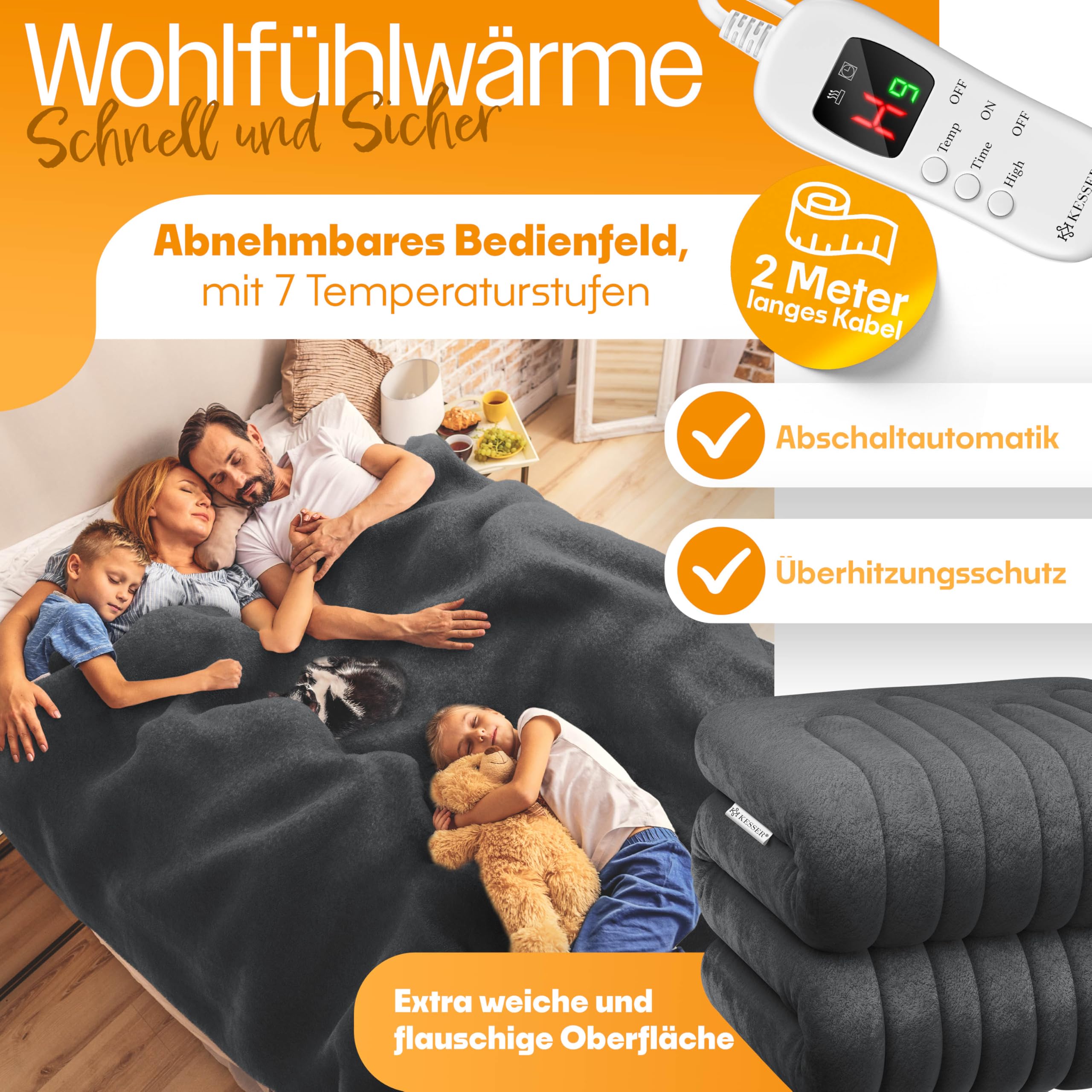 KESSER® Heizdecke aus Plüsch 180x130cm Grau TÜV SÜD GS geprüft | elektrische Wärmedecke mit Timer Abschaltautomatik | Kuscheldecke Decke | 7 Temperaturstufen | waschbar bis 40°C | Digitalanzeige